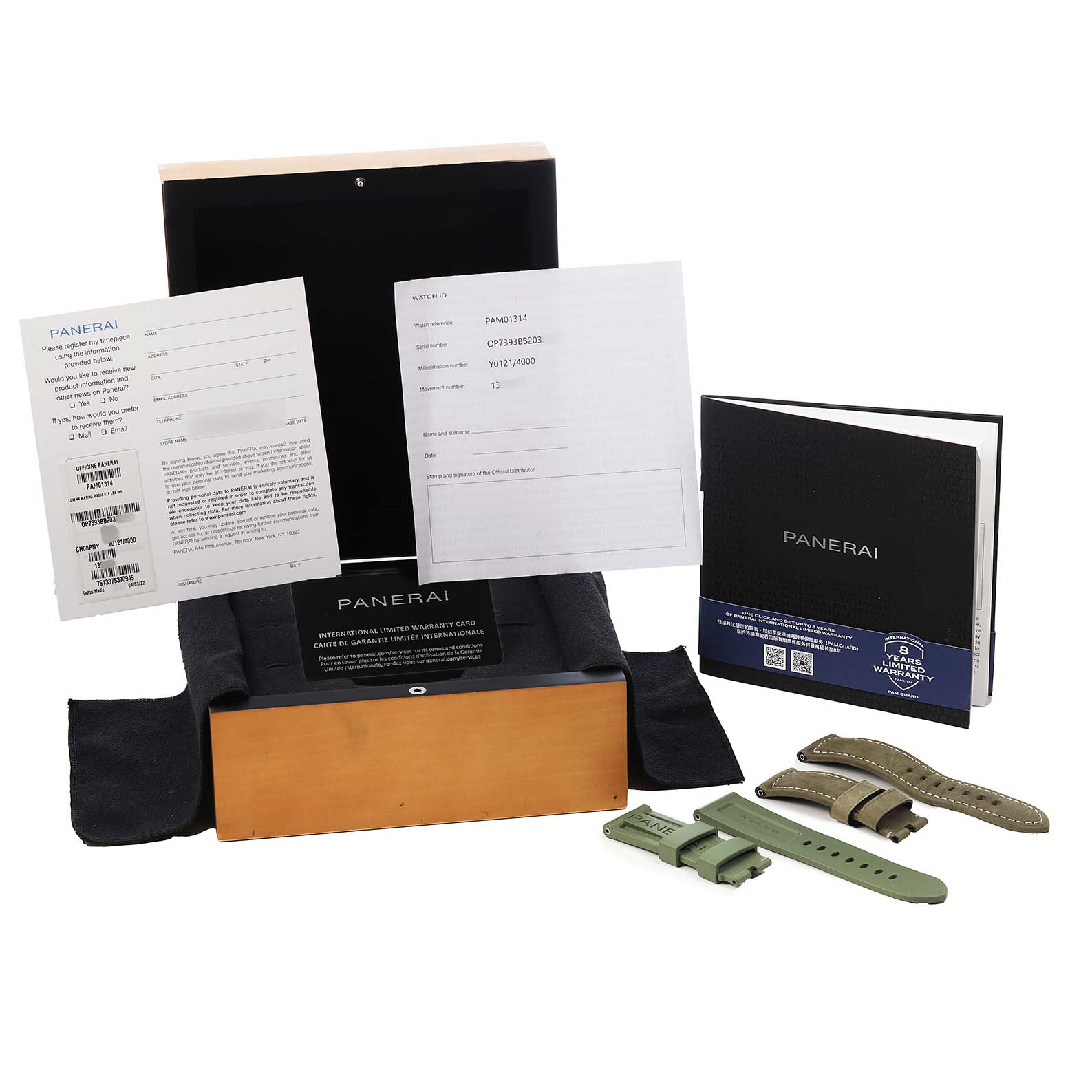The image shows a Panerai Luminor PAM01314 Men's Stainless Steel White Dial watch box with documents and two additional straps, angled for a clear view of contents.