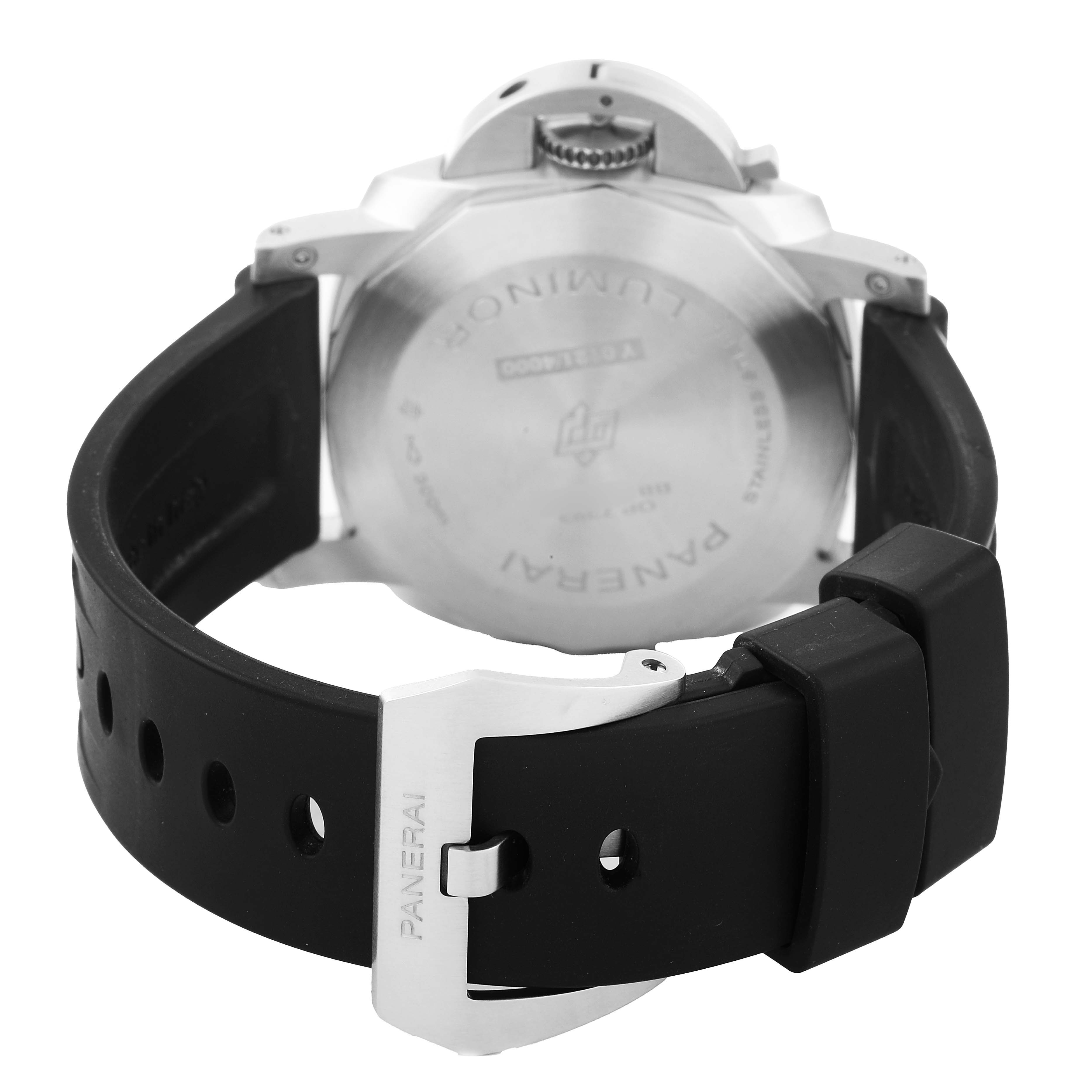 The image shows the back of a Panerai Luminor PAM01314 Men's Stainless Steel White Dial watch, highlighting the case back, buckle, and rubber strap.