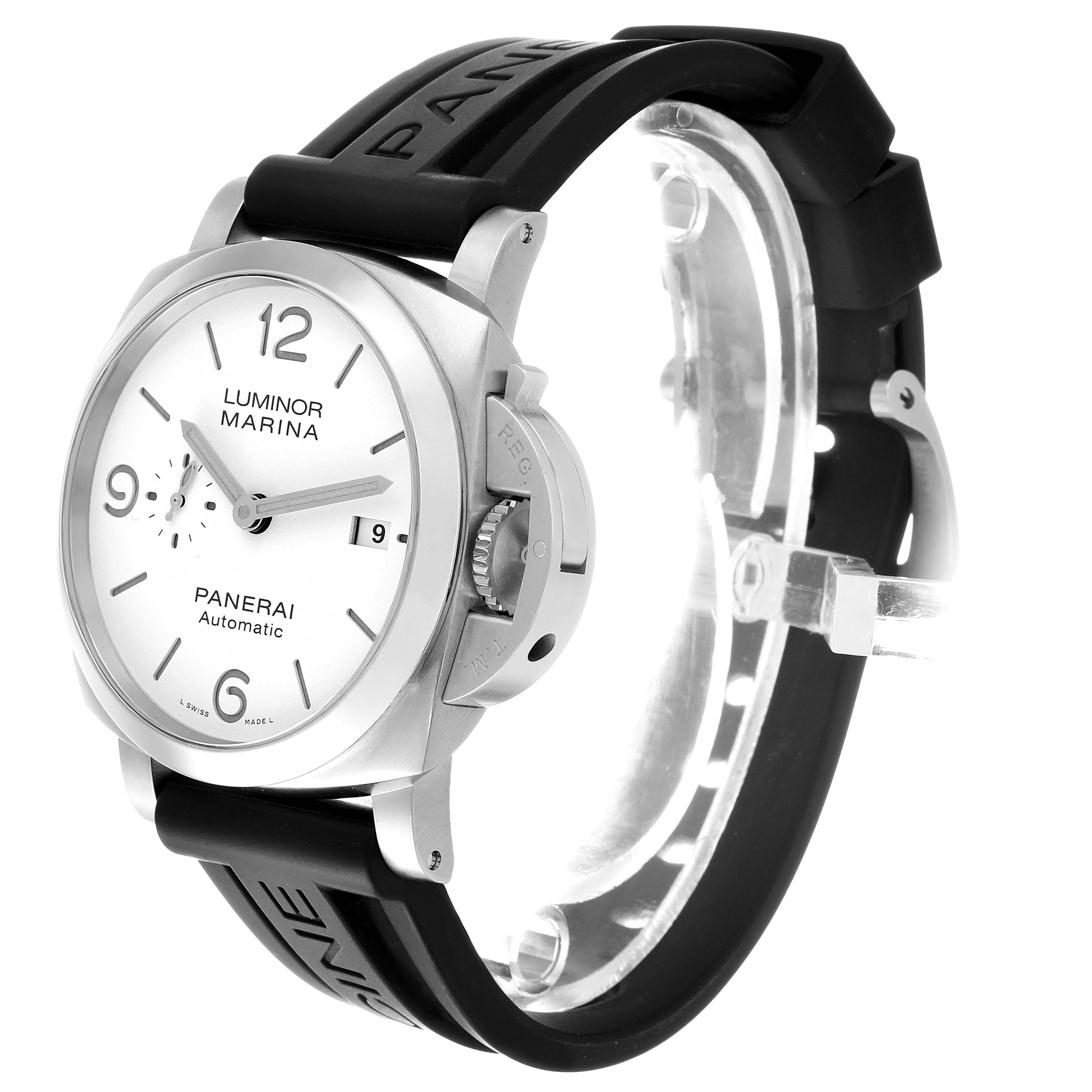 The Panerai Luminor PAM01314 Men's Stainless Steel White Dial watch is shown at a three-quarter angle, highlighting the face, crown guard, and rubber strap.