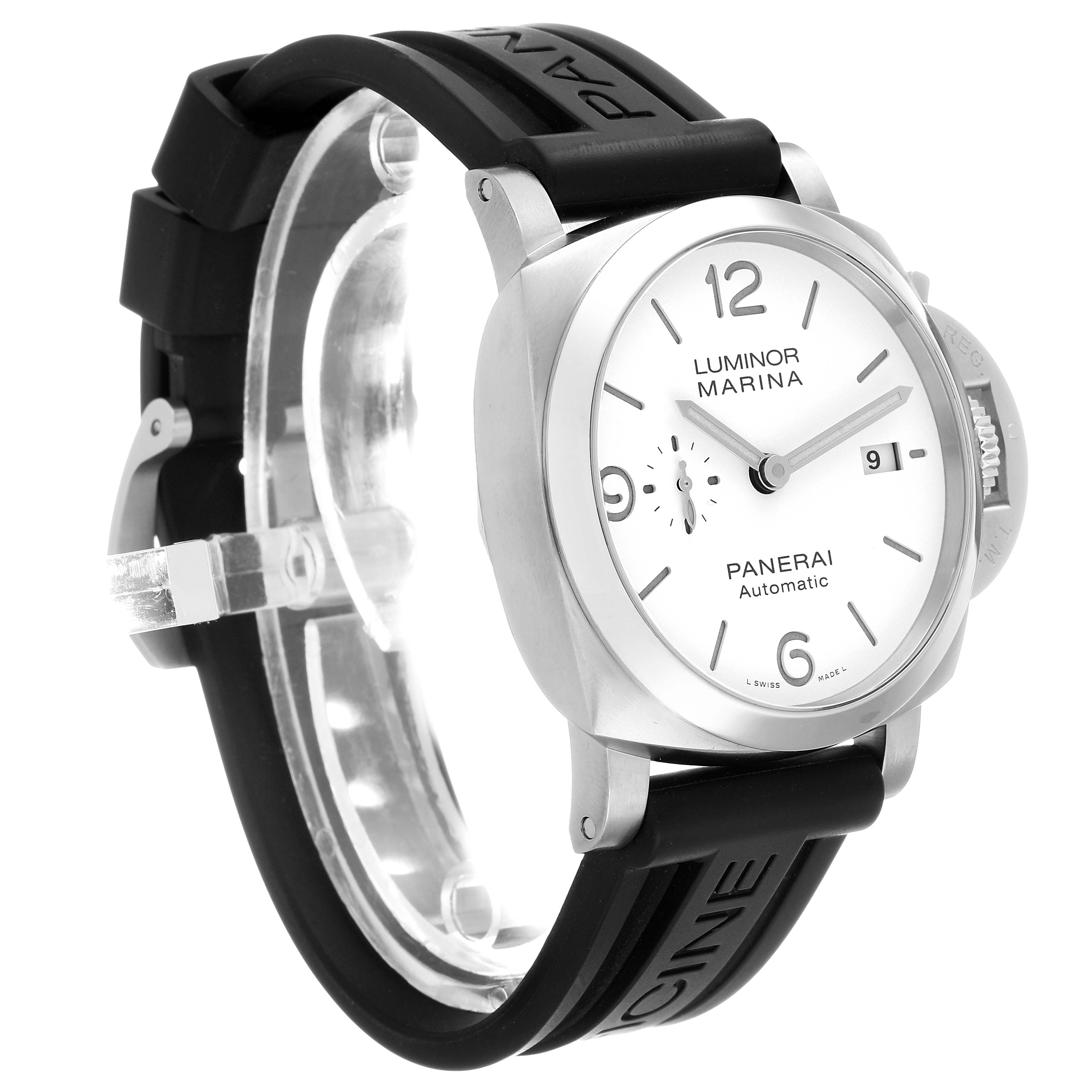 The image shows a Panerai Luminor PAM01314 Men's Stainless Steel White Dial watch at a three-quarter angle highlighting its white dial, crown guard, and black strap.