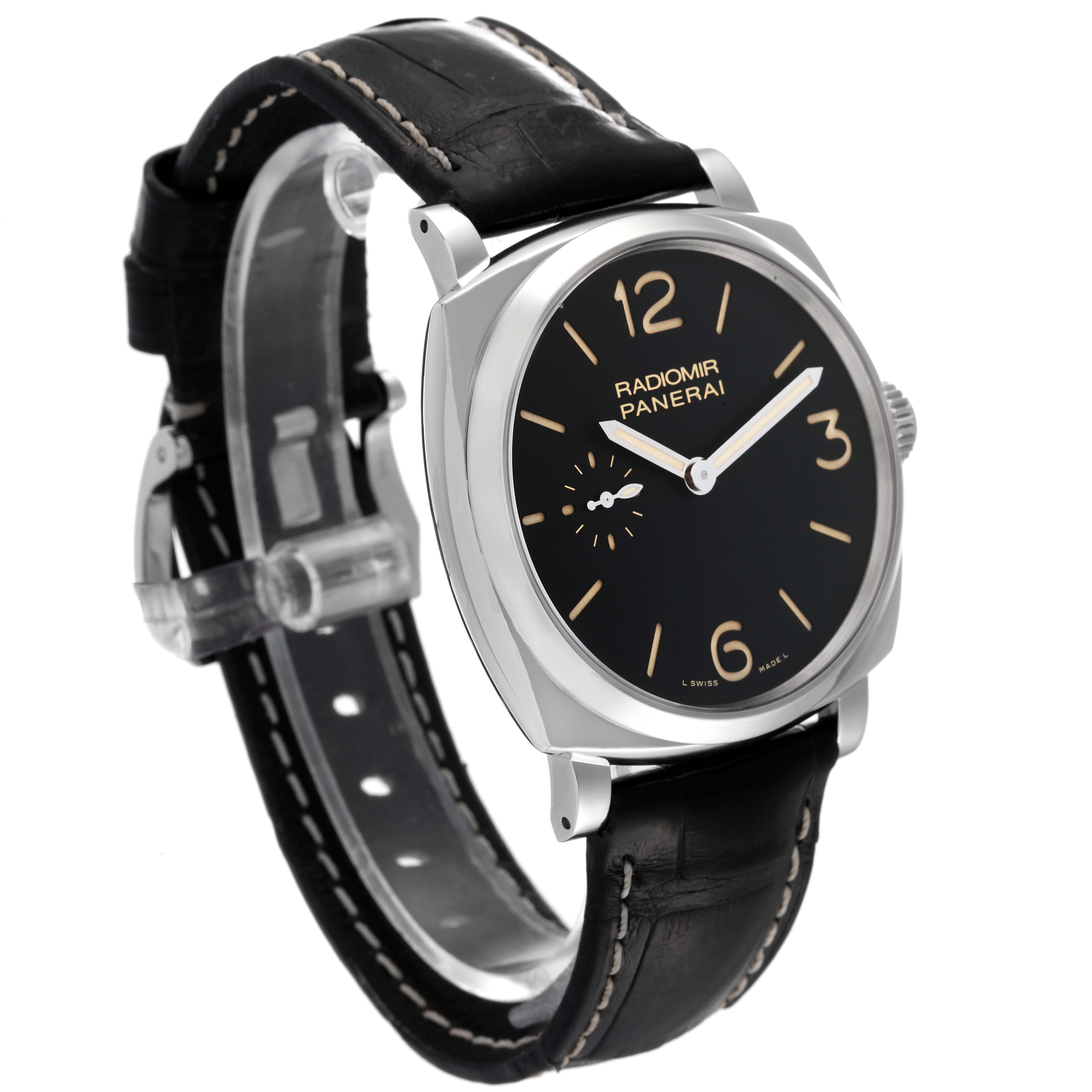 This image shows a Panerai Radiomir PAM00512 Men's Stainless Steel Black Dial PAM00512 Men's Stainless Steel Black Dial watch from an oblique angle, highlighting the face, case, and leather strap.