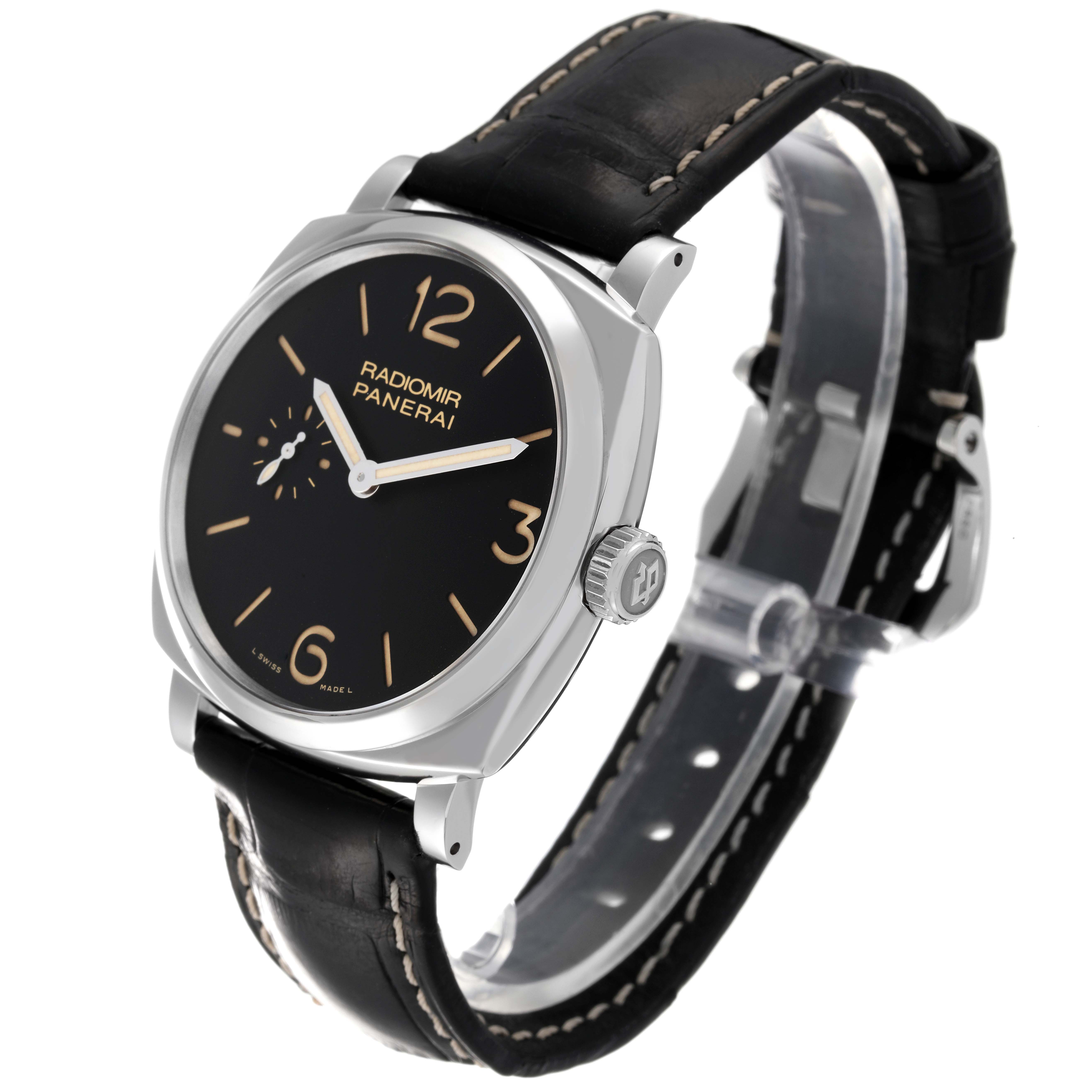 The image shows a Panerai Radiomir PAM00512 Men's Stainless Steel Black Dial PAM00512 Men's Stainless Steel Black Dial watch at a three-quarter angle, highlighting the black dial, leather strap, and crown.