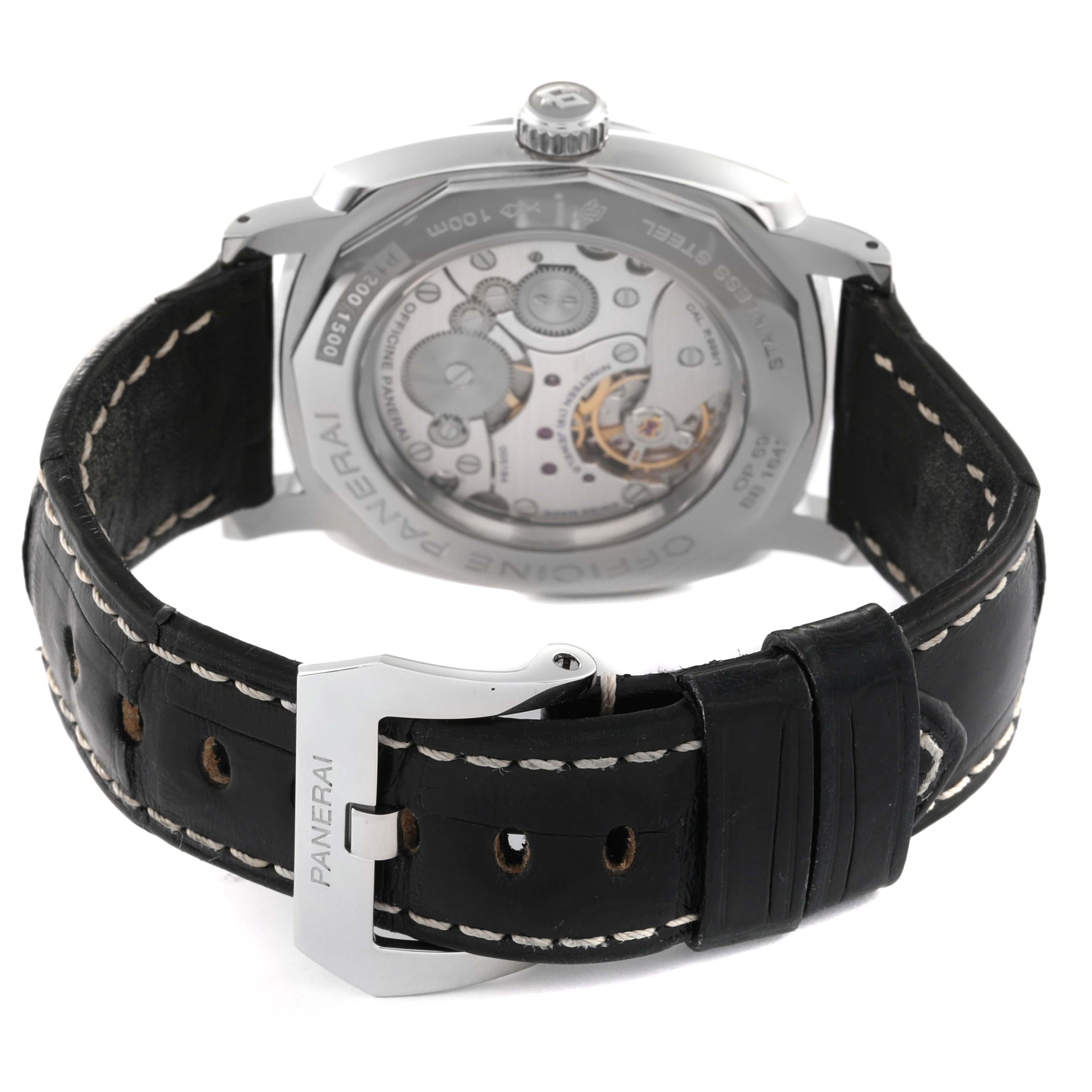 This image shows the back view of the Panerai Radiomir PAM00512 Men's Stainless Steel Black Dial PAM00512 Men's Stainless Steel Black Dial watch, highlighting its movement and leather strap with a Panerai buckle.