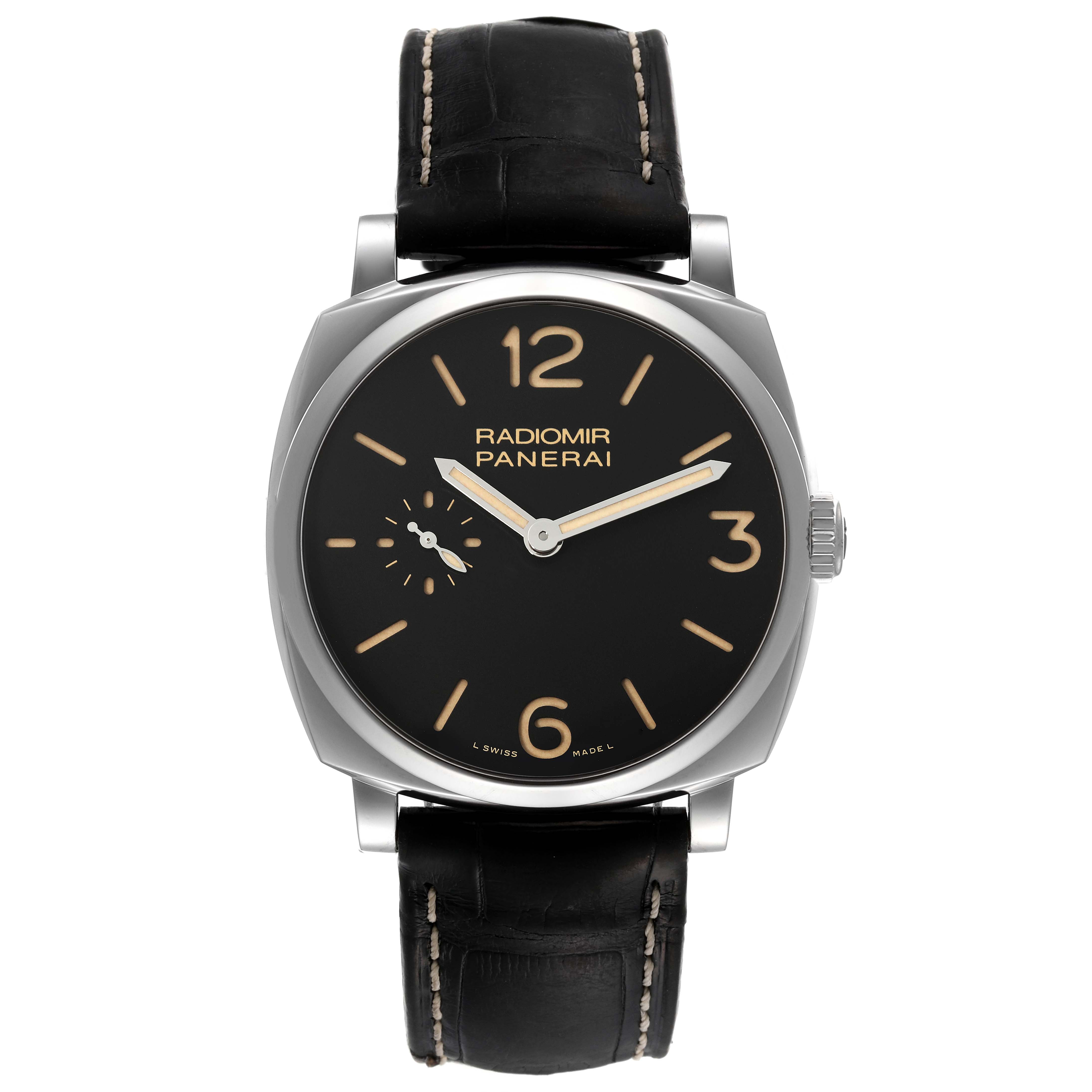 The image shows a front view of the Panerai Radiomir PAM00512 Men's Stainless Steel Black Dial PAM00512 Men's Stainless Steel Black Dial watch, highlighting its black dial, crown, and leather strap.