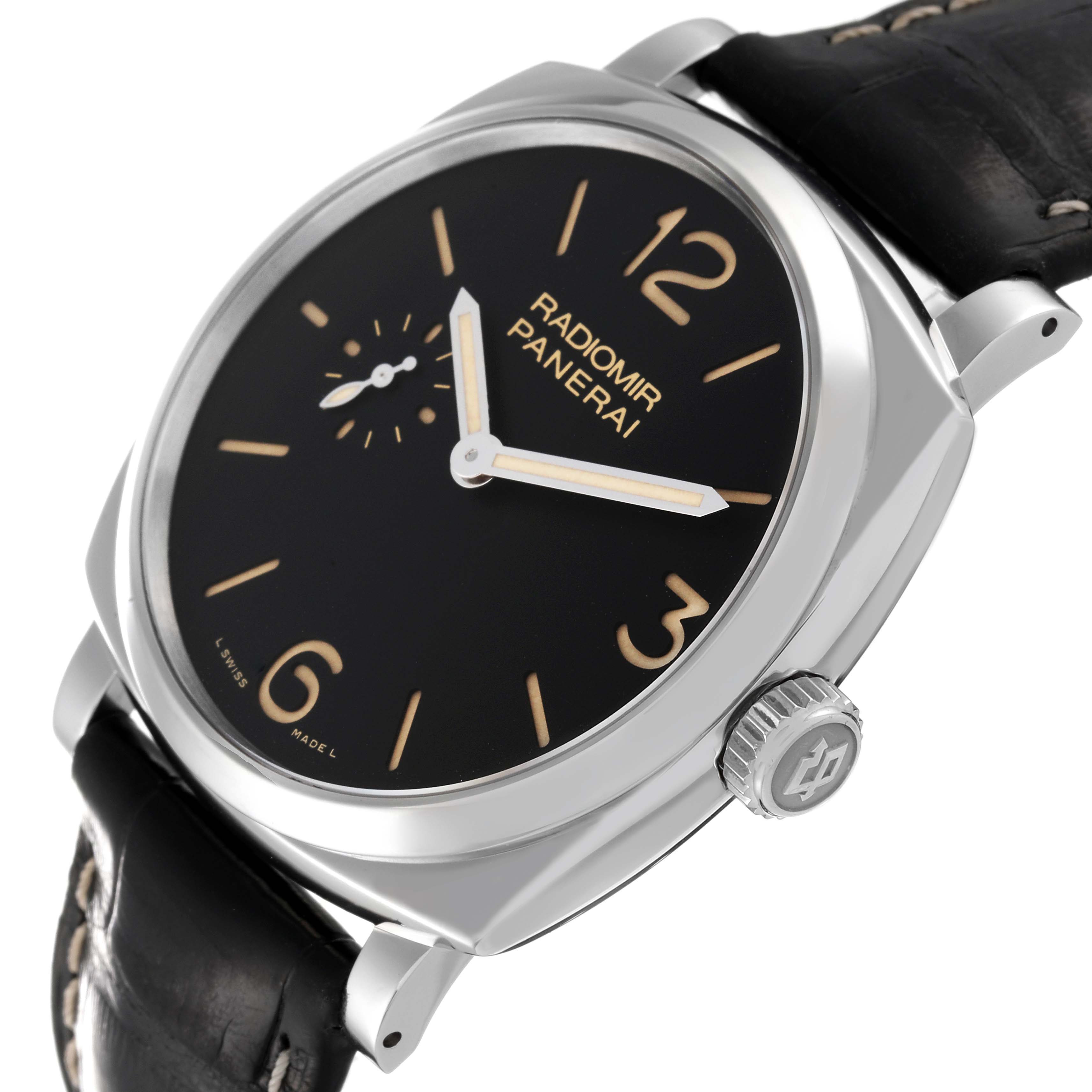 The image shows a close-up side angle of a Radiomir model by Panerai, highlighting the dial, crown, and part of the strap.