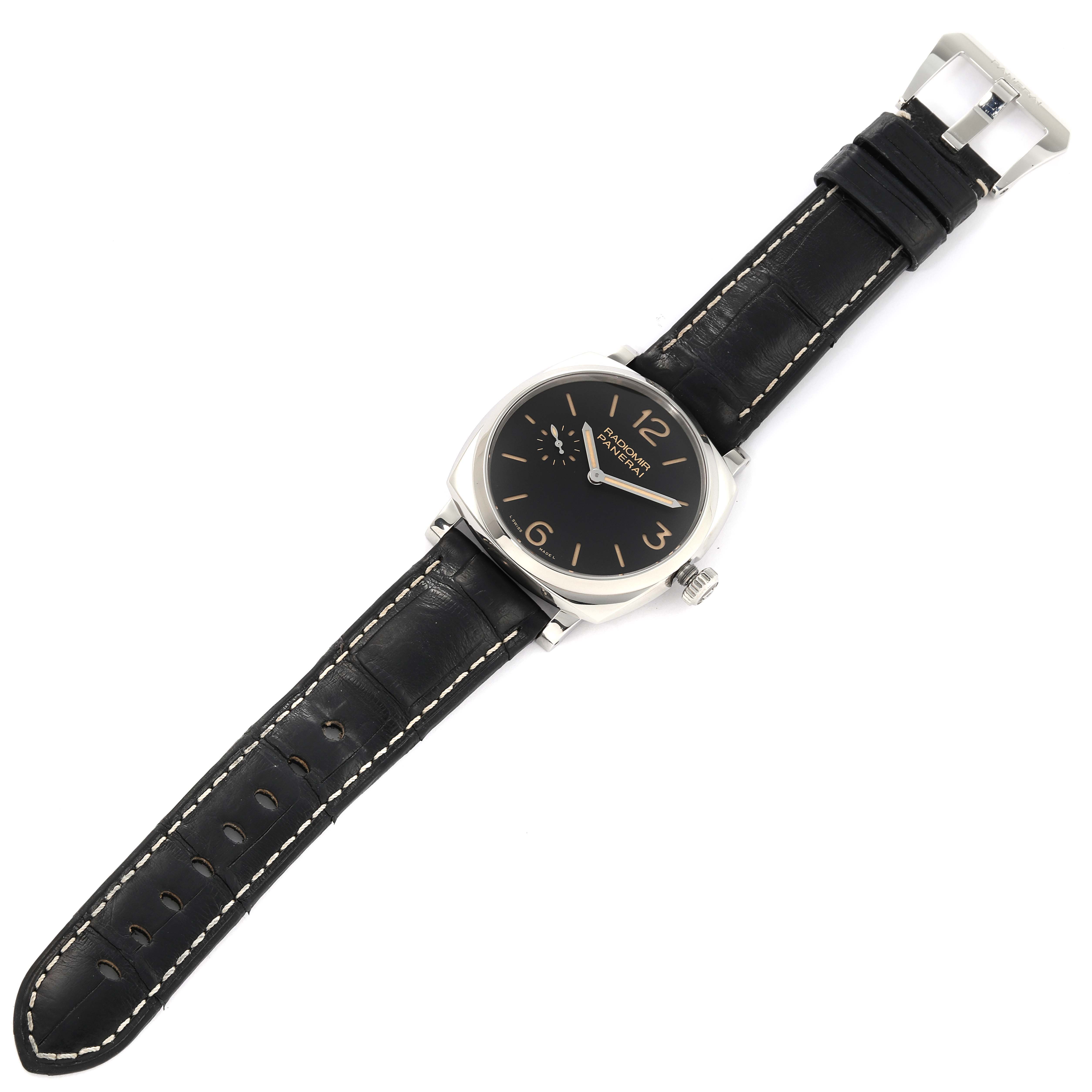This image shows a Panerai Radiomir PAM00512 Men's Stainless Steel Black Dial PAM00512 Men's Stainless Steel Black Dial watch from a top-down angle, highlighting its black dial and leather strap.