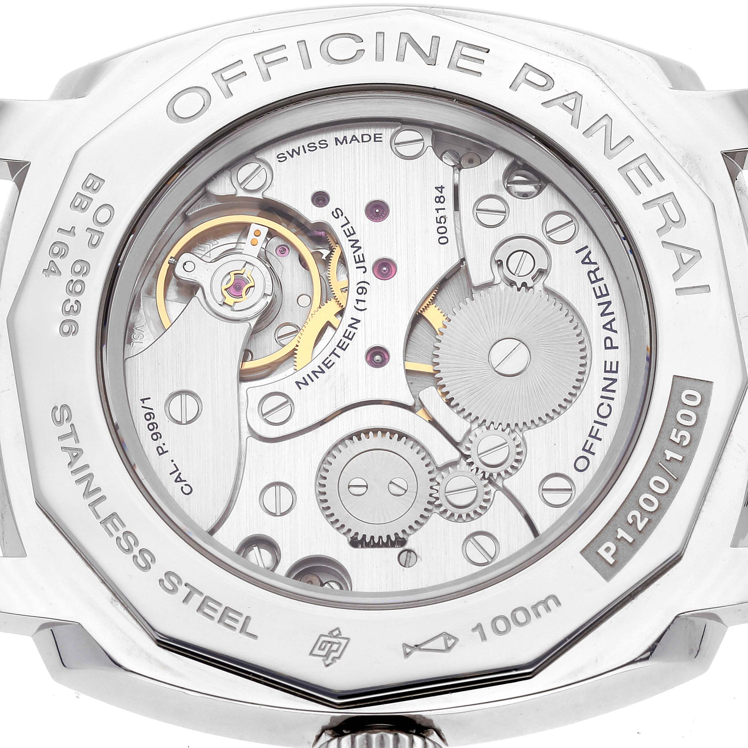 The image shows the back case of a Panerai Radiomir PAM00512 Men's Stainless Steel Black Dial PAM00512 Men's Stainless Steel Black Dial watch, showcasing its internal mechanics and engravings.