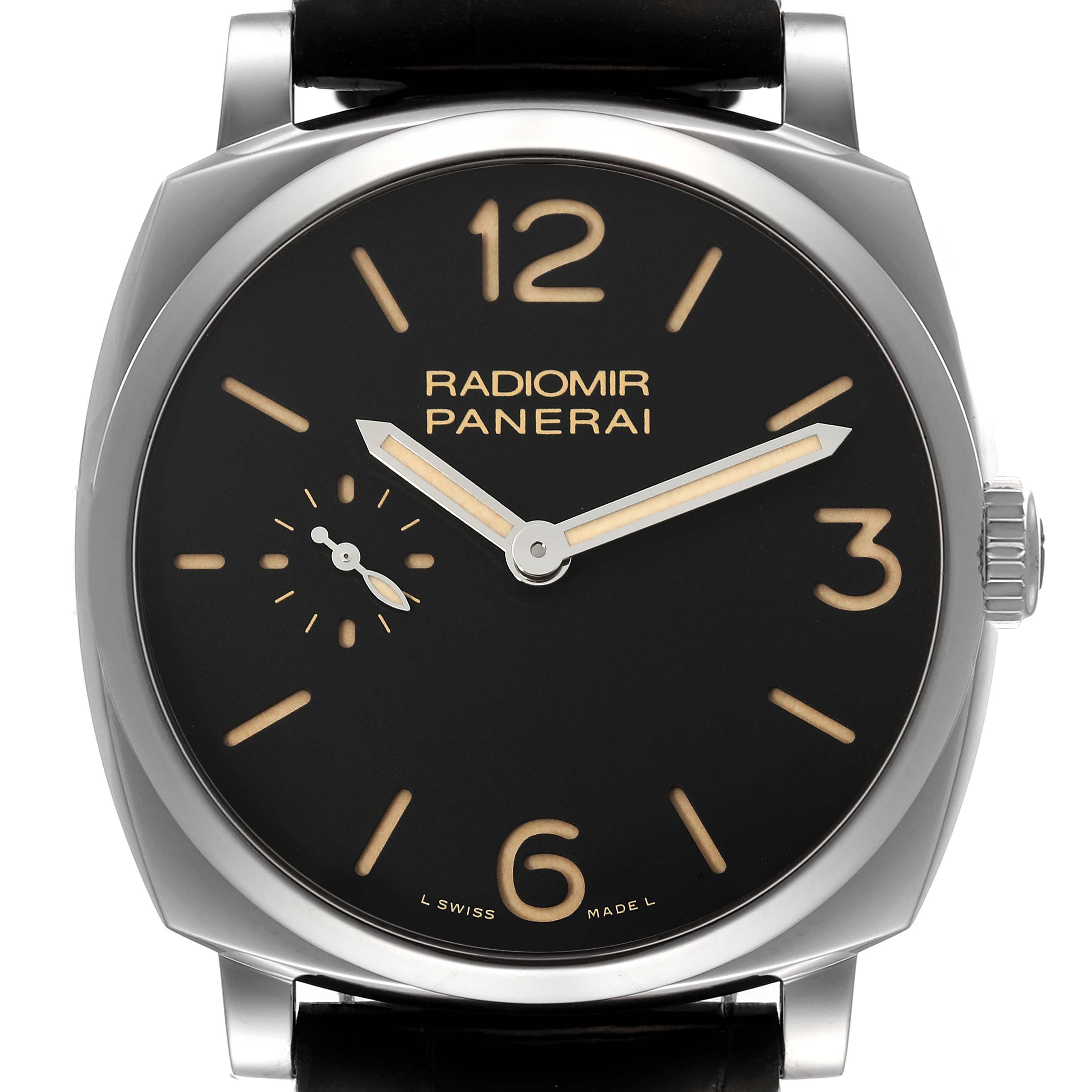 The image shows a front view of the Panerai Radiomir PAM00512 Men's Stainless Steel Black Dial PAM00512 Men's Stainless Steel Black Dial watch, displaying the dial, hands, and crown.