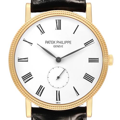 The Patek Philippe Calatrava 5119J-001 Men's Yellow Gold White Dial watch is shown from the front, highlighting its white dial, gold case, and black leather strap.
