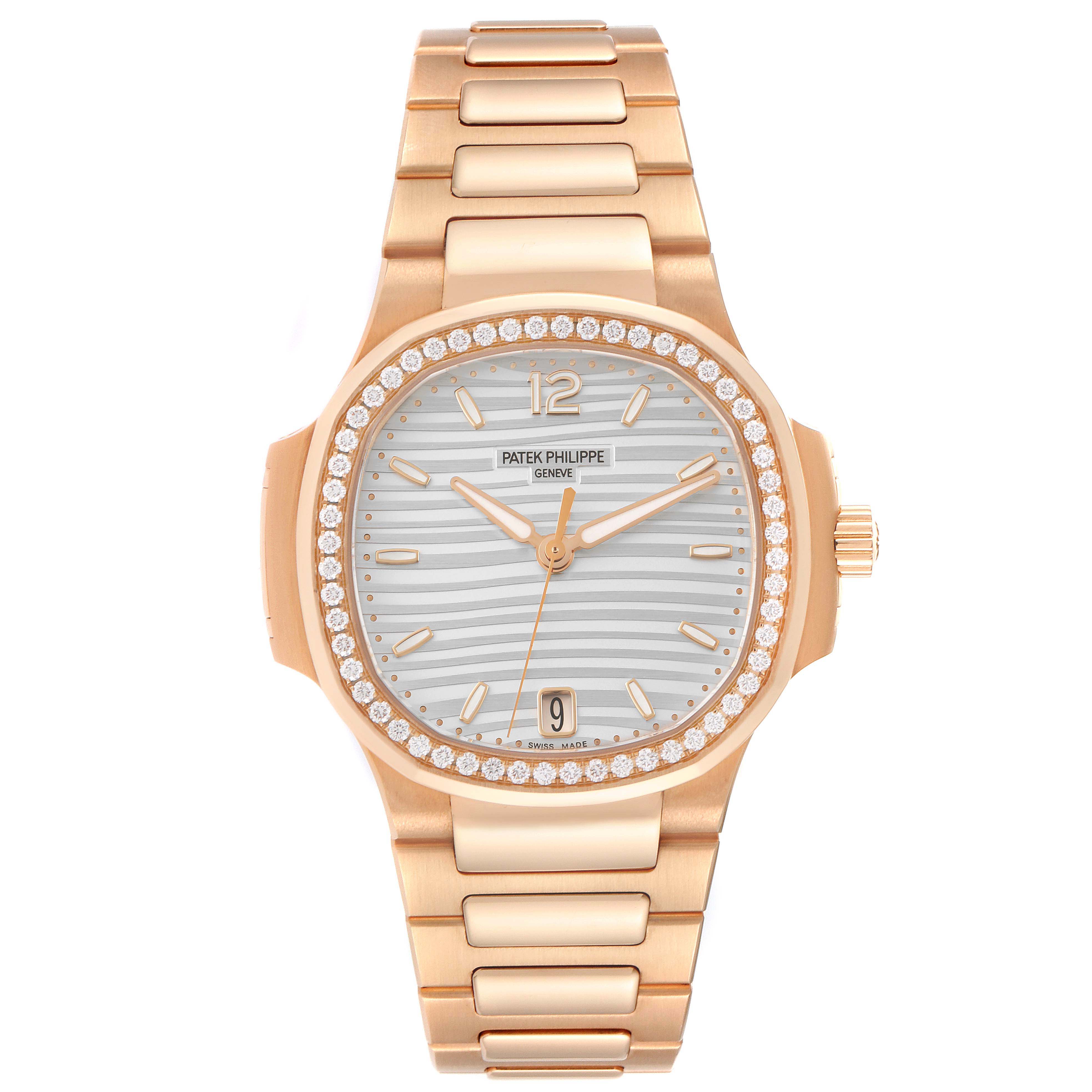 The image shows a front view of the Patek Philippe Nautilus 7118/1200R-001 Men's Rose Gold Silver Dial 7118/1200R-001 Men's Rose Gold Silver Dial watch, highlighting its rose gold bracelet, bezel, and dial.