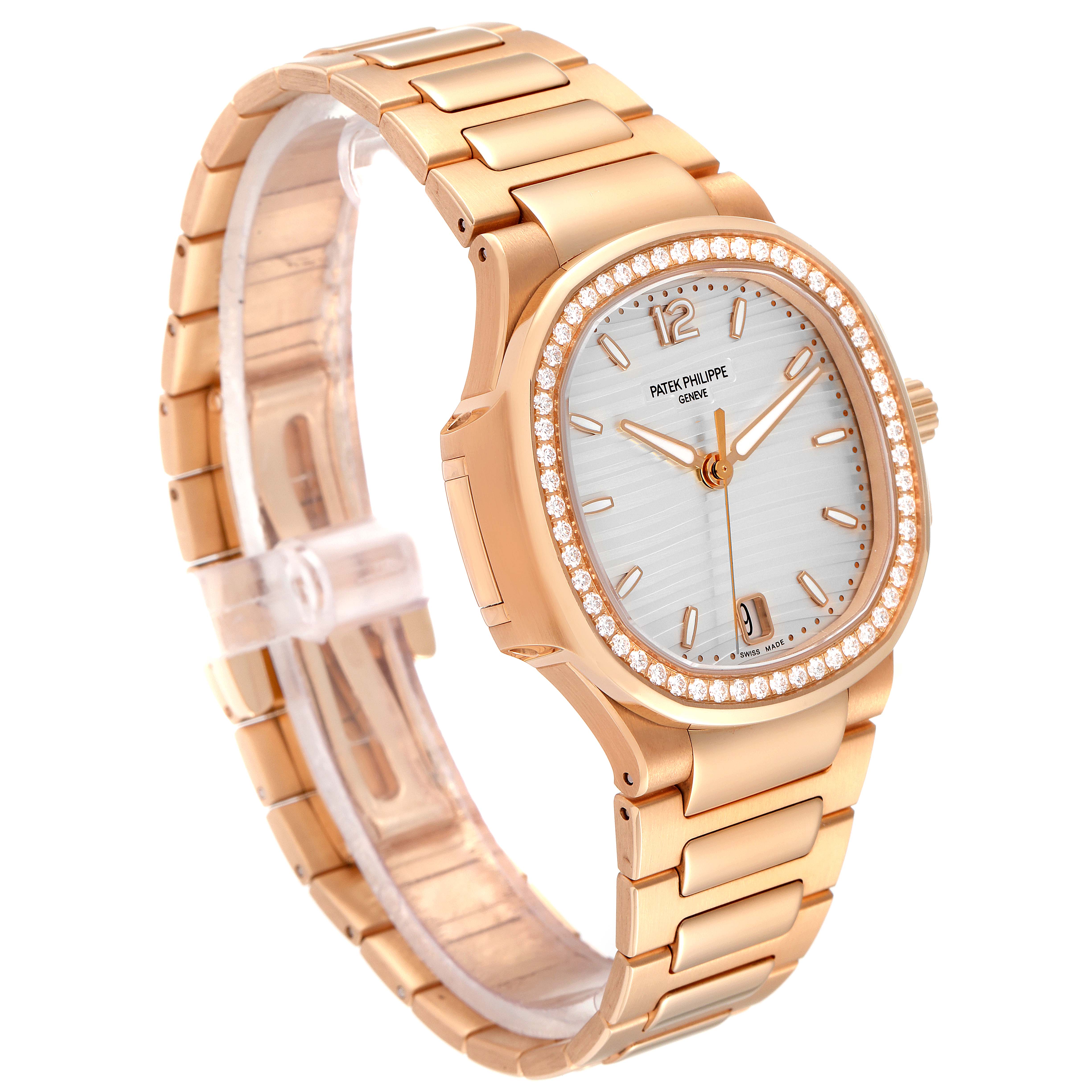 The image shows a side angle of a Patek Philippe Nautilus 7118/1200R-001 Men's Rose Gold Silver Dial 7118/1200R-001 Men's Rose Gold Silver Dial watch, focusing on the dial, bezel, and bracelet.