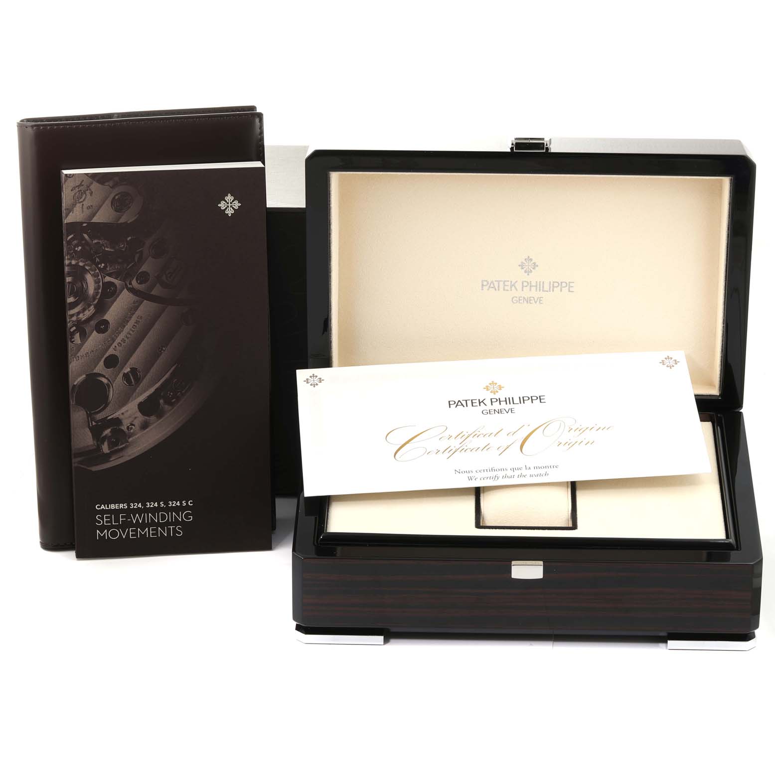 The image shows a Patek Philippe Nautilus 7118/1200R-001 Men's Rose Gold Silver Dial 7118/1200R-001 Men's Rose Gold Silver Dial watch box, certificate of origin, and a manual from a front angle.