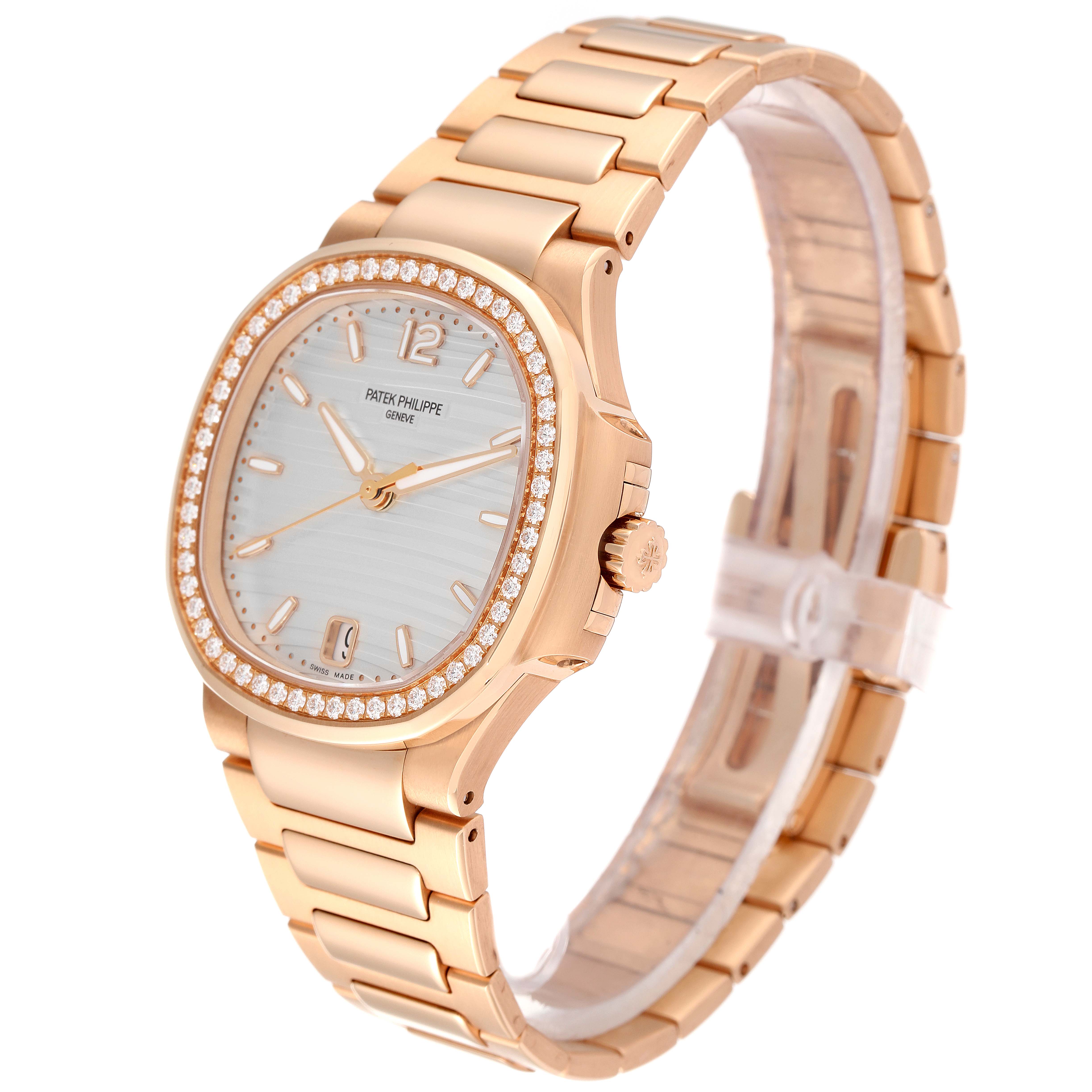 This is a side-angle view of the Patek Philippe Nautilus 7118/1200R-001 Men's Rose Gold Silver Dial 7118/1200R-001 Men's Rose Gold Silver Dial watch displaying its face, crown, bezel, and bracelet.