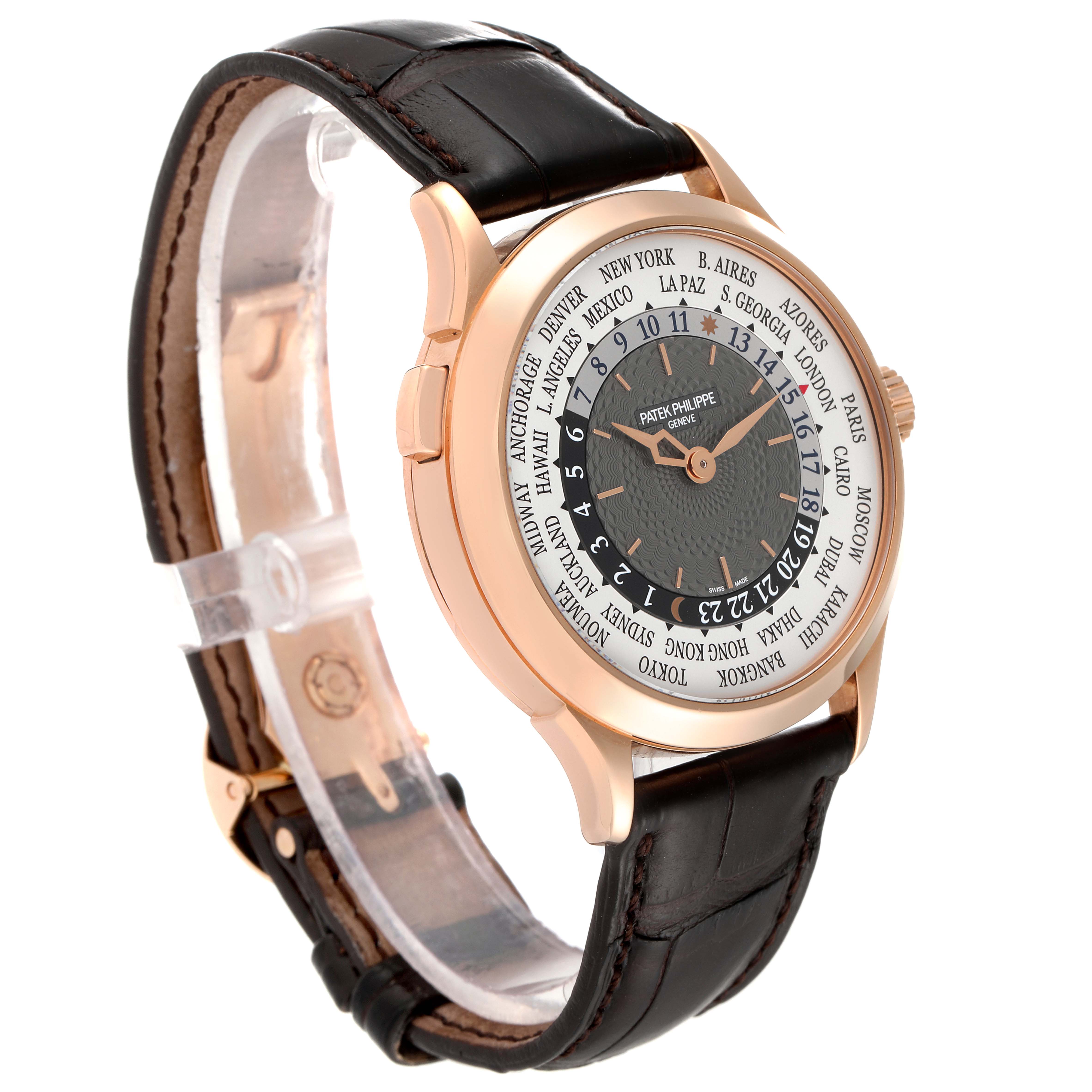 The image shows a side and front angle view of the Patek Philippe Complications 5230R Men's Rose Gold Grey Dial 5230R Men's Rose Gold Grey Dial watch, highlighting its dial and leather strap.