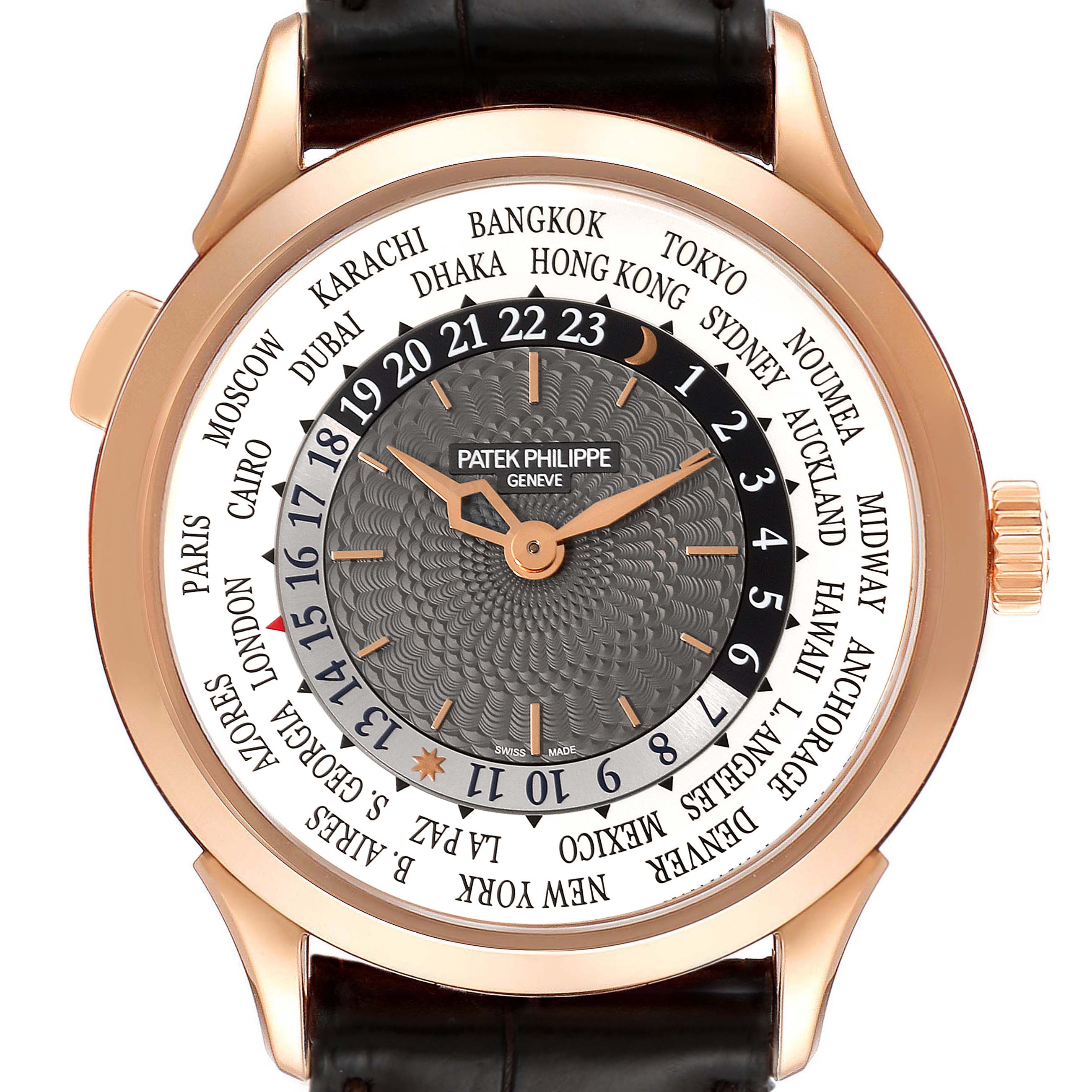 The image shows a top view of the Patek Philippe Complications 5230R Men's Rose Gold Grey Dial 5230R Men's Rose Gold Grey Dial watch, displaying the face with world time zones and intricate dial design.