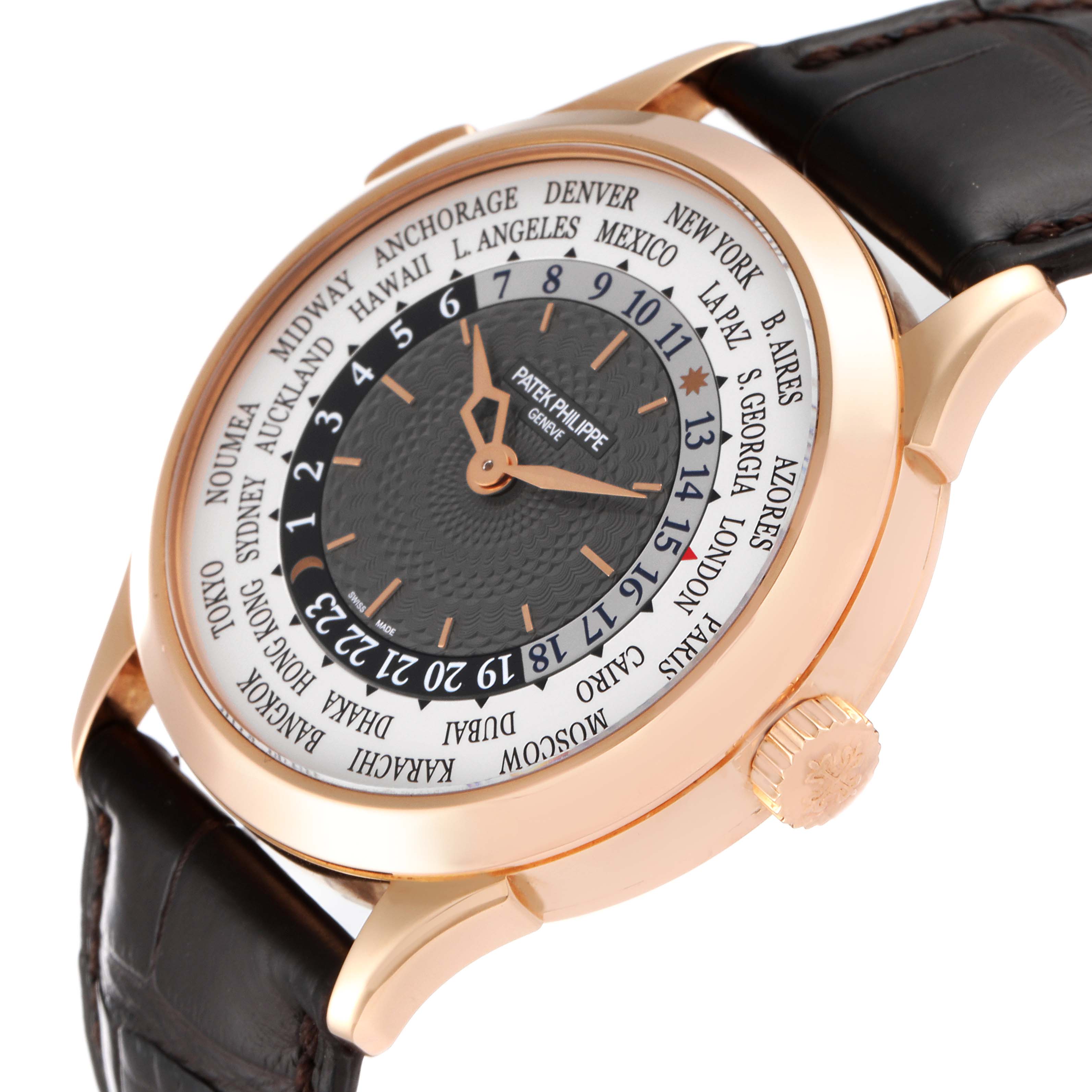 The image shows a Patek Philippe Complications 5230R Men's Rose Gold Grey Dial 5230R Men's Rose Gold Grey Dial model watch from an angled side view, displaying the dial, bezel, and crown.