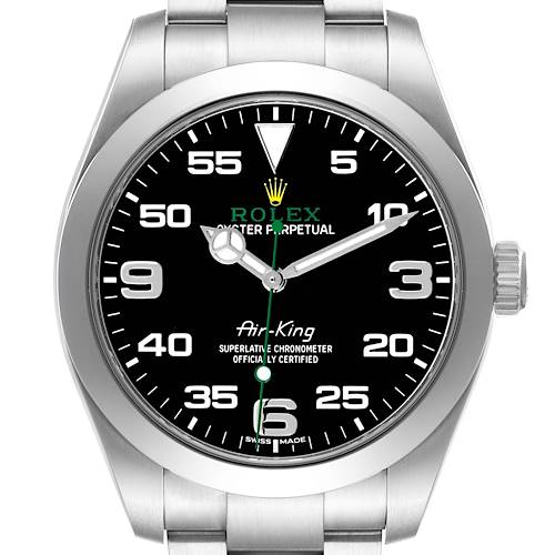The Rolex Air-King 116900 Men's Stainless Steel Black Dial watch is shown from a front angle, displaying the dial, bezel, and stainless steel bracelet.
