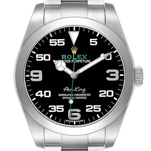 The Rolex Air-King 116900 Men's Stainless Steel Black Dial watch is shown from the front, featuring its dial, hands, markers, crown, and part of the bracelet.