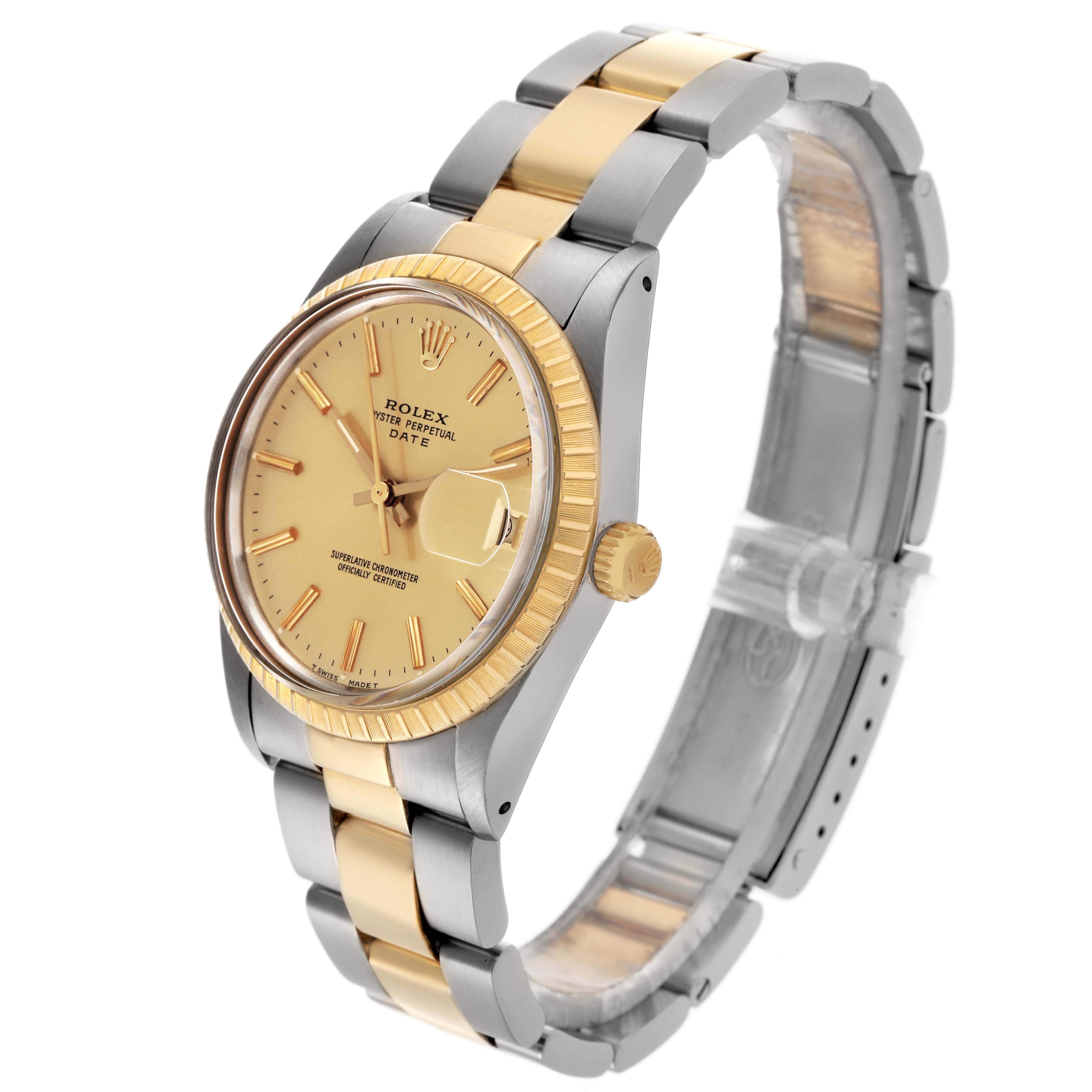 The image shows a side angle view of a Rolex Date 15053 Men
s Steel and Gold (two tone) Champagne Dial 15053 Men
s Steel and Gold (two tone) Champagne Dial model, highlighting the gold bezel, crown, and two-tone bracelet.