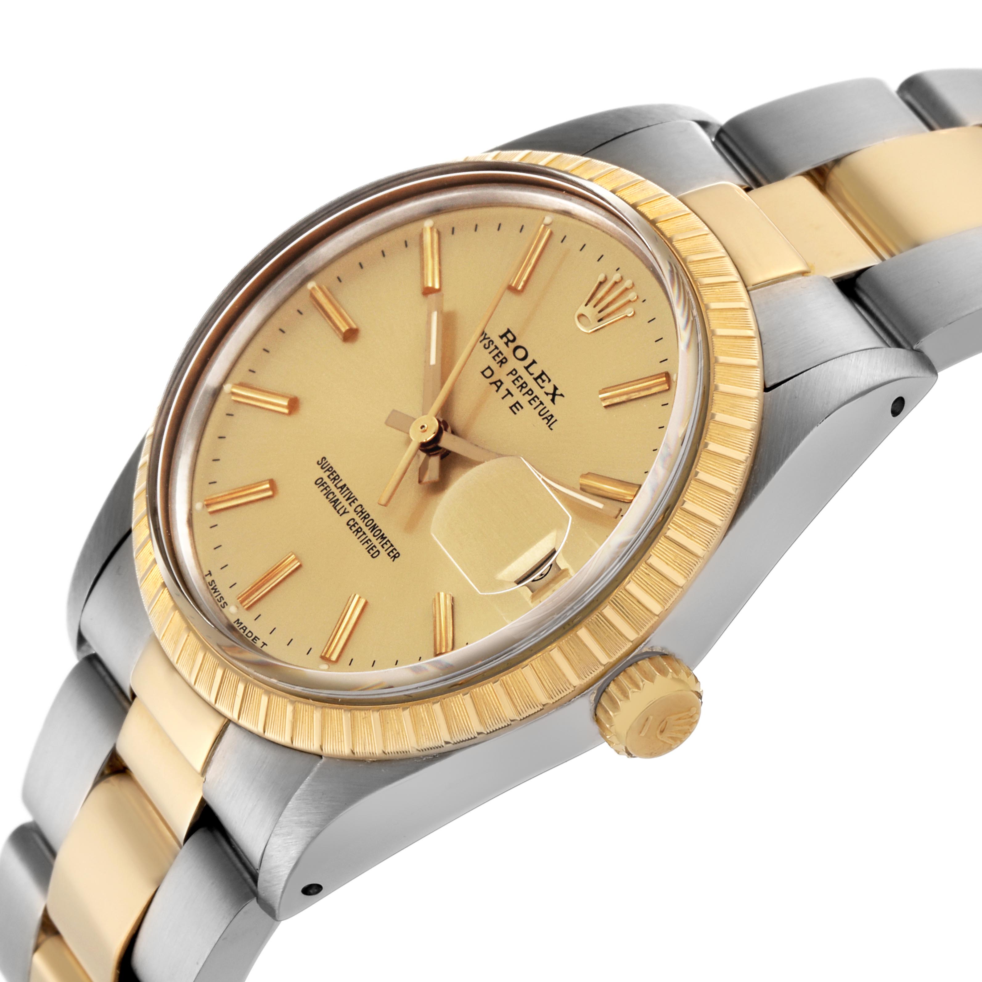 The Rolex Date 15053 Men
s Steel and Gold (two tone) Champagne Dial 15053 Men
s Steel and Gold (two tone) Champagne Dial model watch is shown at a slight side angle, highlighting the dial, bezel, crown, and part of the bracelet.