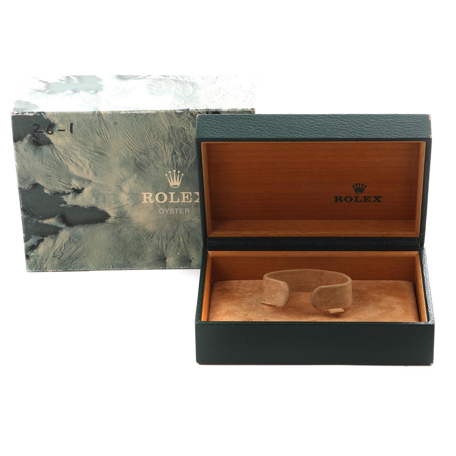 The image shows a Rolex Date 15053 Men
s Steel and Gold (two tone) Champagne Dial 15053 Men
s Steel and Gold (two tone) Champagne Dial model watch box, open, displaying the inner cushion and the outer packaging.