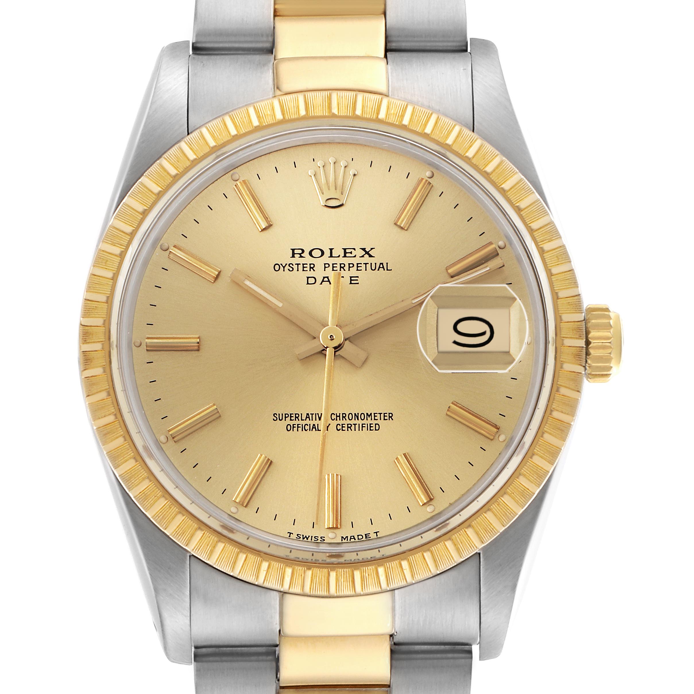 The Rolex Date 15053 Men
s Steel and Gold (two tone) Champagne Dial 15053 Men
s Steel and Gold (two tone) Champagne Dial watch is shown from a straight-on perspective, highlighting its dial, bezel, crown, and part of the bracelet.