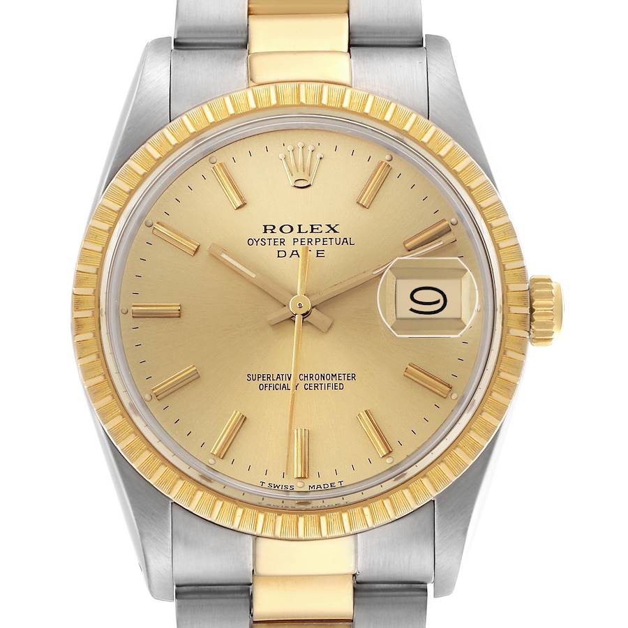 The Rolex Date watch is shown from a straight-on perspective, highlighting its dial, bezel, crown, and part of the bracelet.