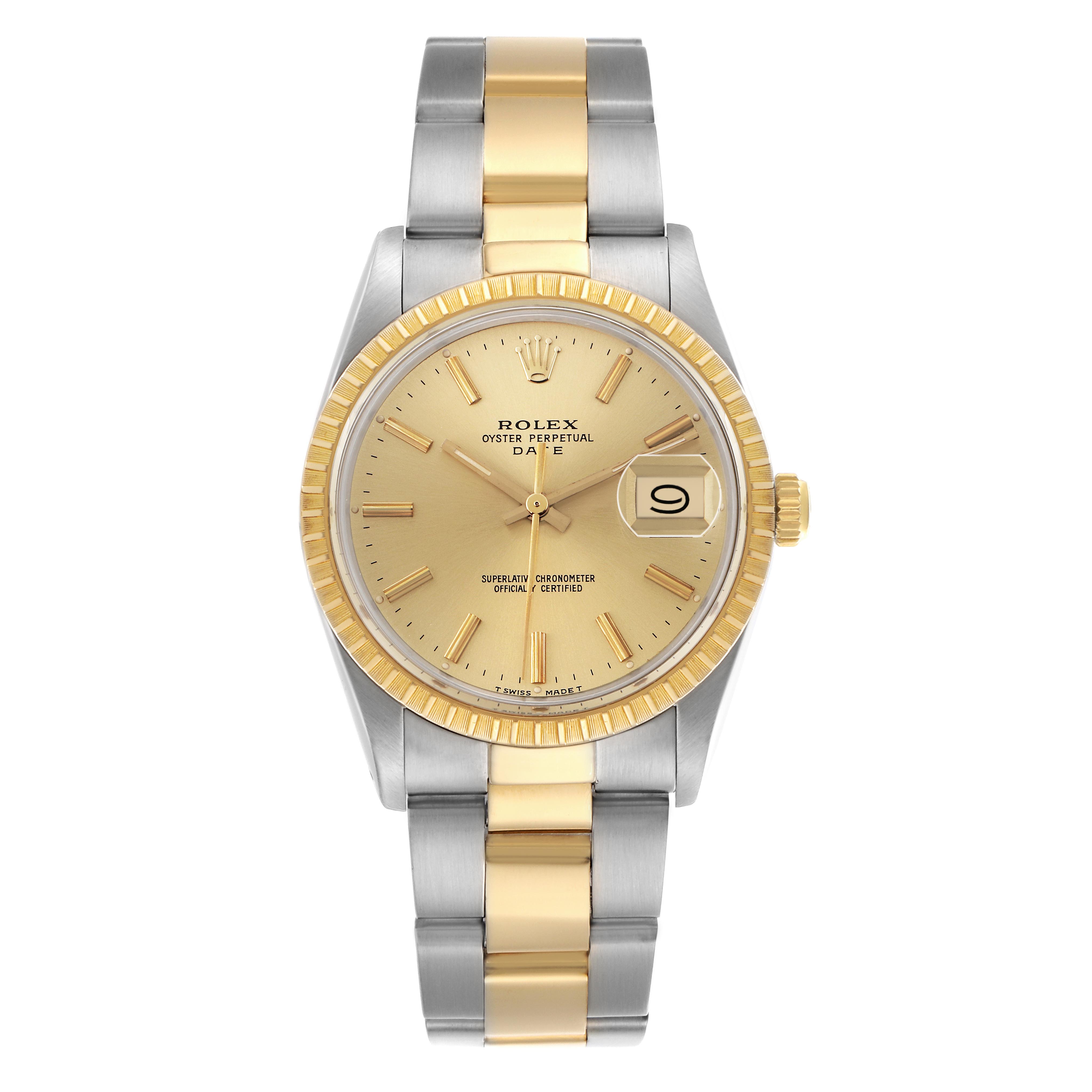 The Rolex Date 15053 Men
s Steel and Gold (two tone) Champagne Dial 15053 Men
s Steel and Gold (two tone) Champagne Dial model is shown from a front angle, displaying the face, bezel, crown, and the two-tone bracelet.