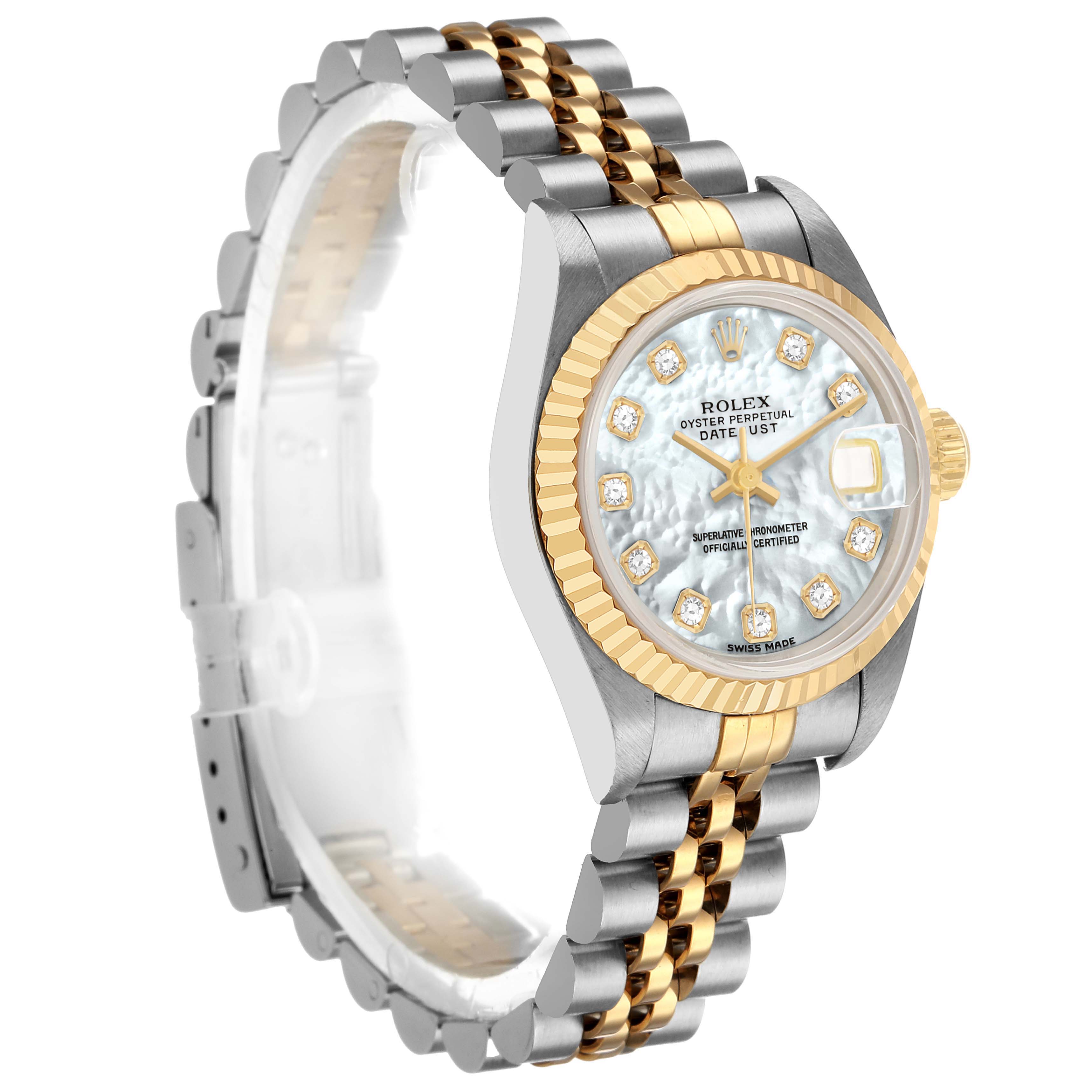 The Rolex Datejust 79173 Women's Steel and Gold (two tone) Mother of Pearl Dial watch is shown at a three-quarter angle, displaying the face, bezel, and bracelet.