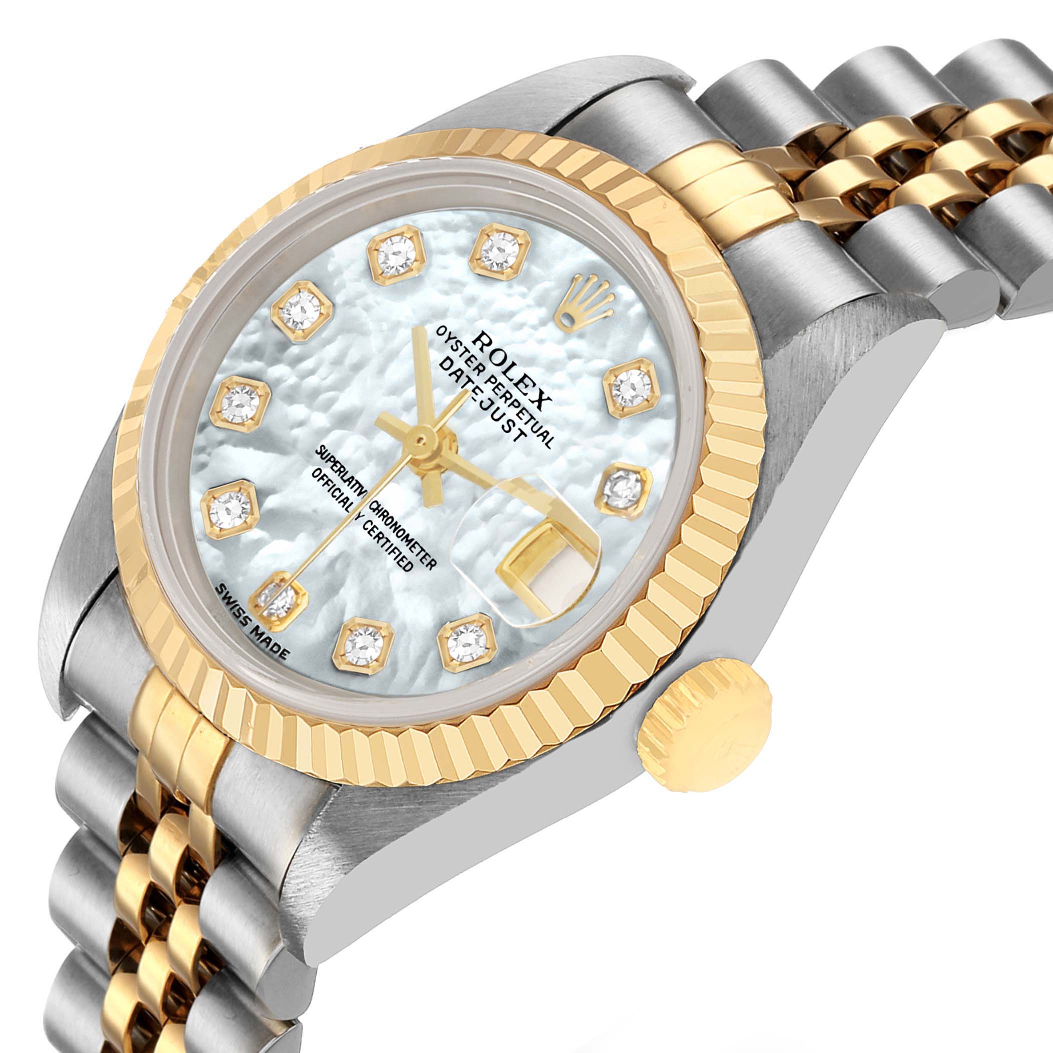 The Rolex Datejust 79173 Women's Steel and Gold (two tone) Mother of Pearl Dial watch is shown from an angled view, highlighting the dial, bezel, crown, and part of the bracelet.