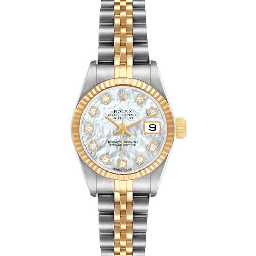 The Rolex Datejust 79173 Women's Steel and Gold (two tone) Mother of Pearl Dial watch is shown from a top-down angle, highlighting its two-tone bracelet, mother-of-pearl dial, and fluted bezel.