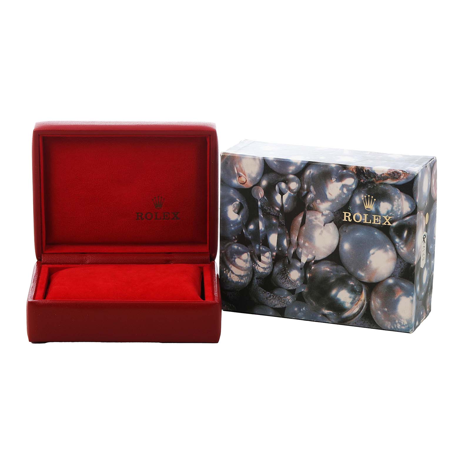 The image shows a Rolex Datejust 79173 Women's Steel and Gold (two tone) Mother of Pearl Dial watch box with its lid open alongside its decorative outer packaging.