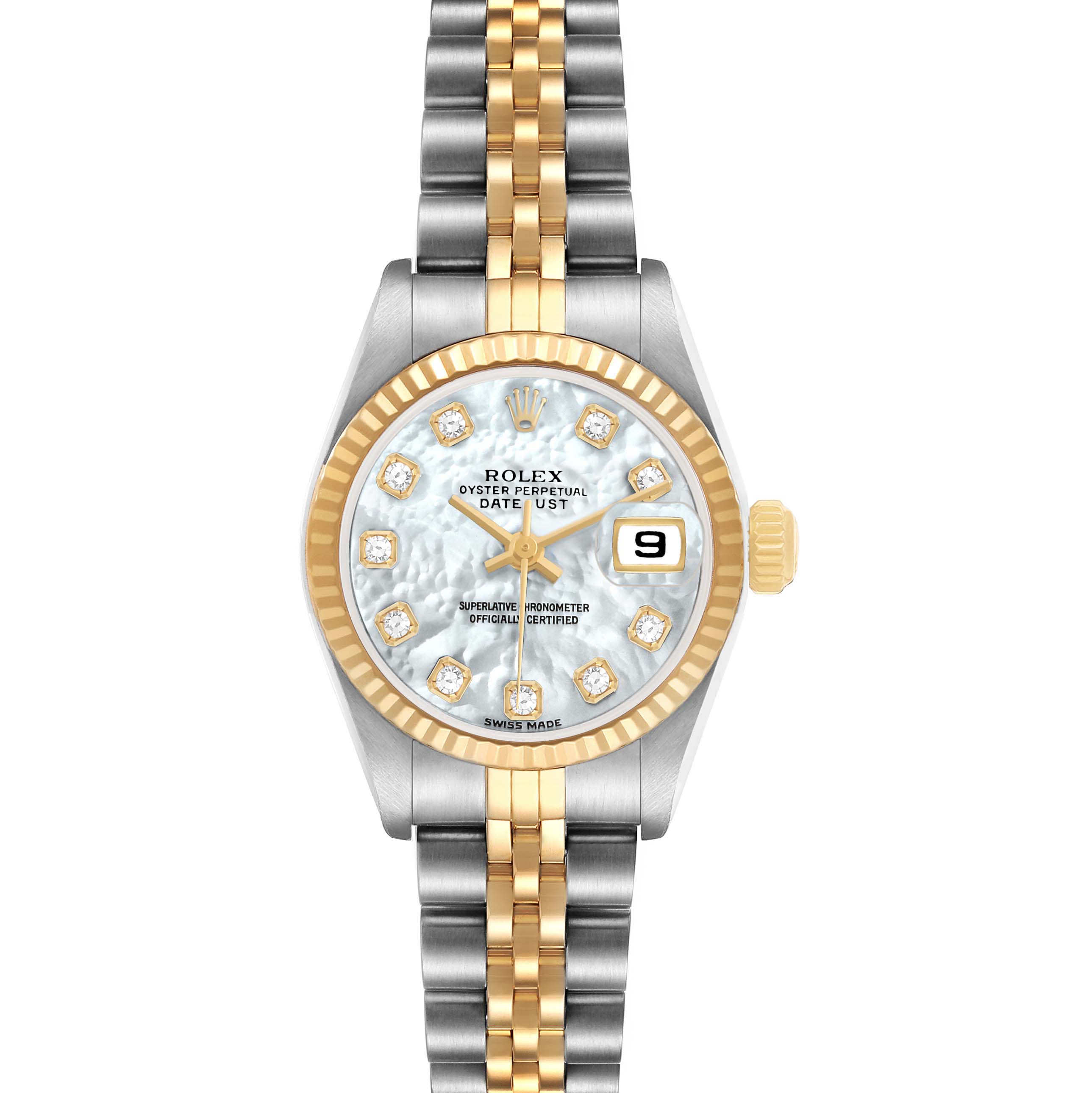 The Rolex Datejust 79173 Women's Steel and Gold (two tone) Mother of Pearl Dial watch is shown from a top-down angle, displaying its face, bezel, dial, and bracelet.