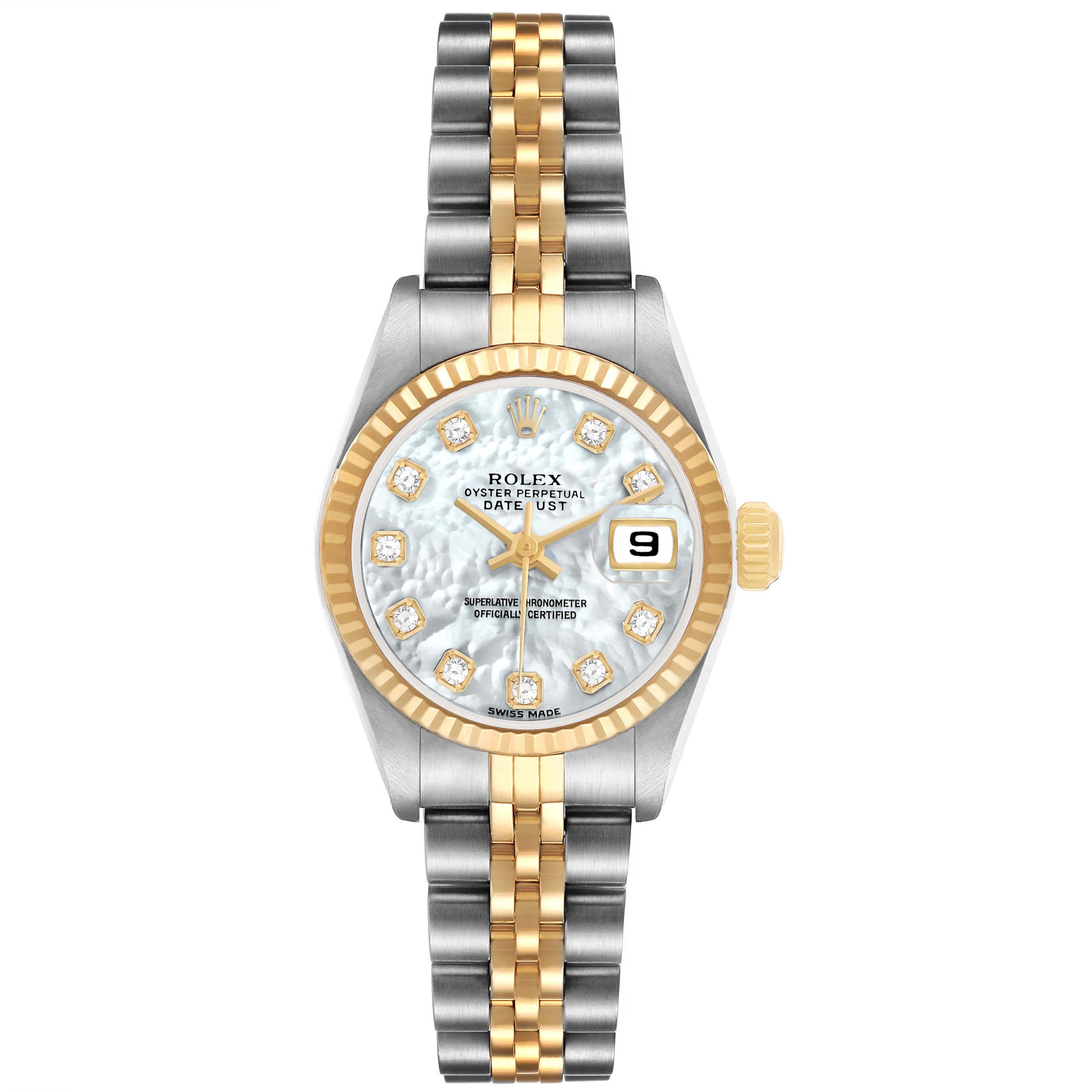 The Rolex Datejust 79173 Women's Steel and Gold (two tone) Mother of Pearl Dial watch is shown from a top-down angle, displaying its face, bezel, and two-tone bracelet.