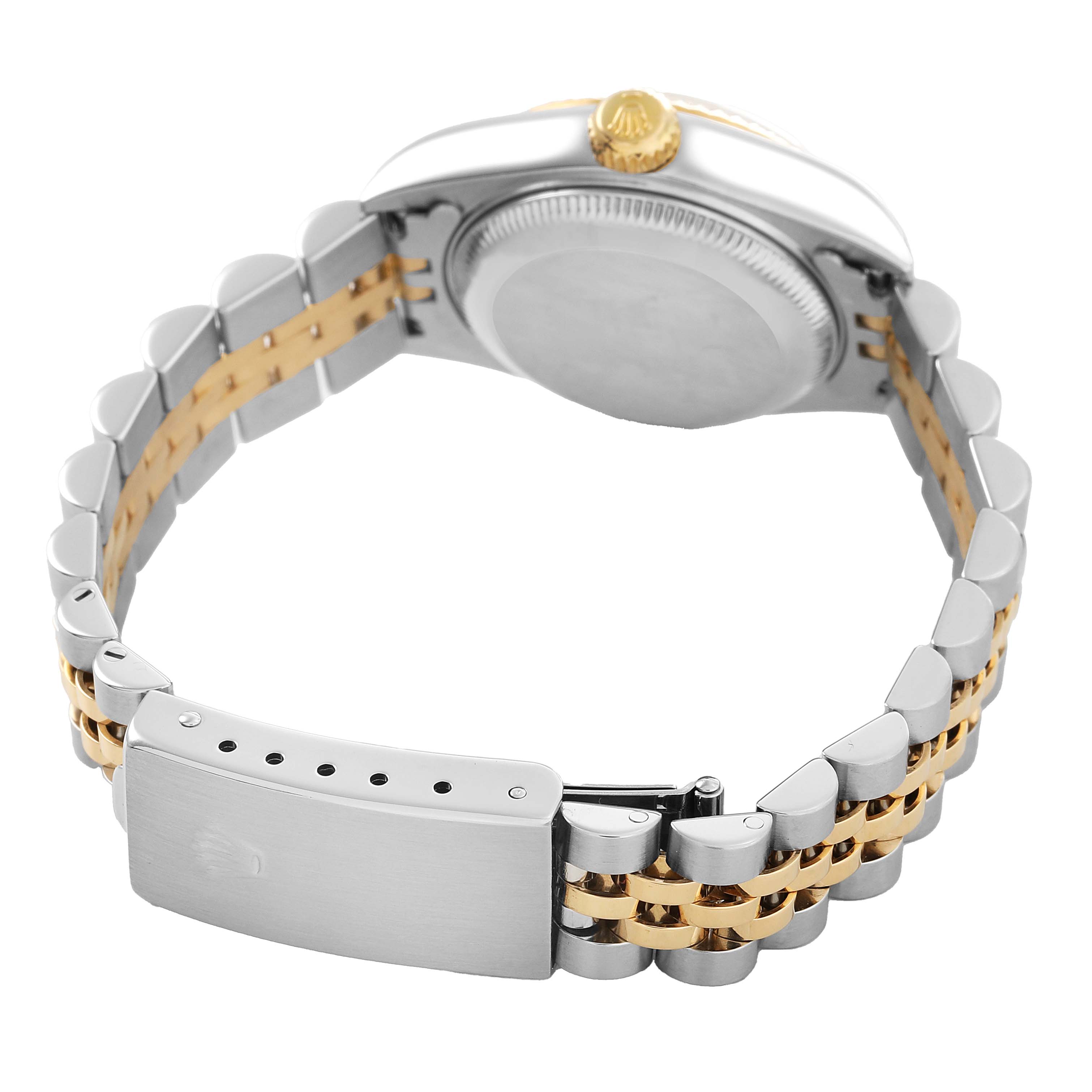 The image shows the back and side of a Rolex Datejust 79173 Women's Steel and Gold (two tone) Mother of Pearl Dial watch, highlighting the clasp, bracelet, and crown.