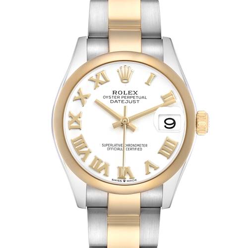 The Rolex Datejust Mid-Size watch is shown from the front, highlighting the dial, Roman numerals, bezel, and bracelet.