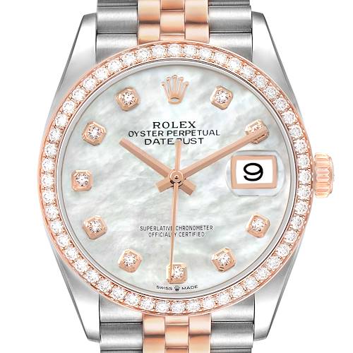 The Rolex Datejust 126281RBR Men's Stainless Steel Mother of Pearl Dial watch is shown from the front, highlighting the face, bezel, and part of the bracelet.