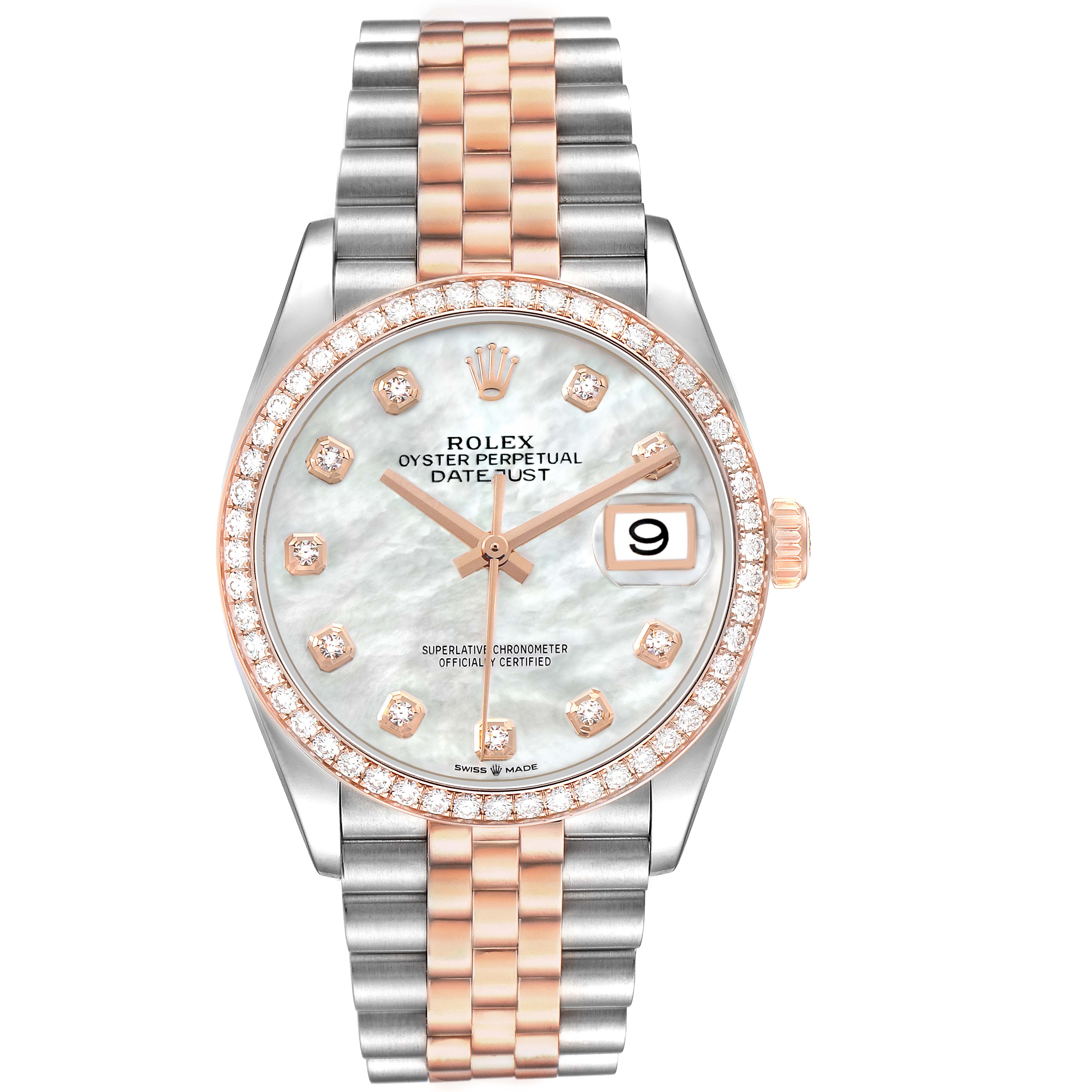 The Rolex Datejust 126281RBR Men's Stainless Steel Mother of Pearl Dial watch is shown from the front, displaying its dial, bezel, and part of the bracelet.