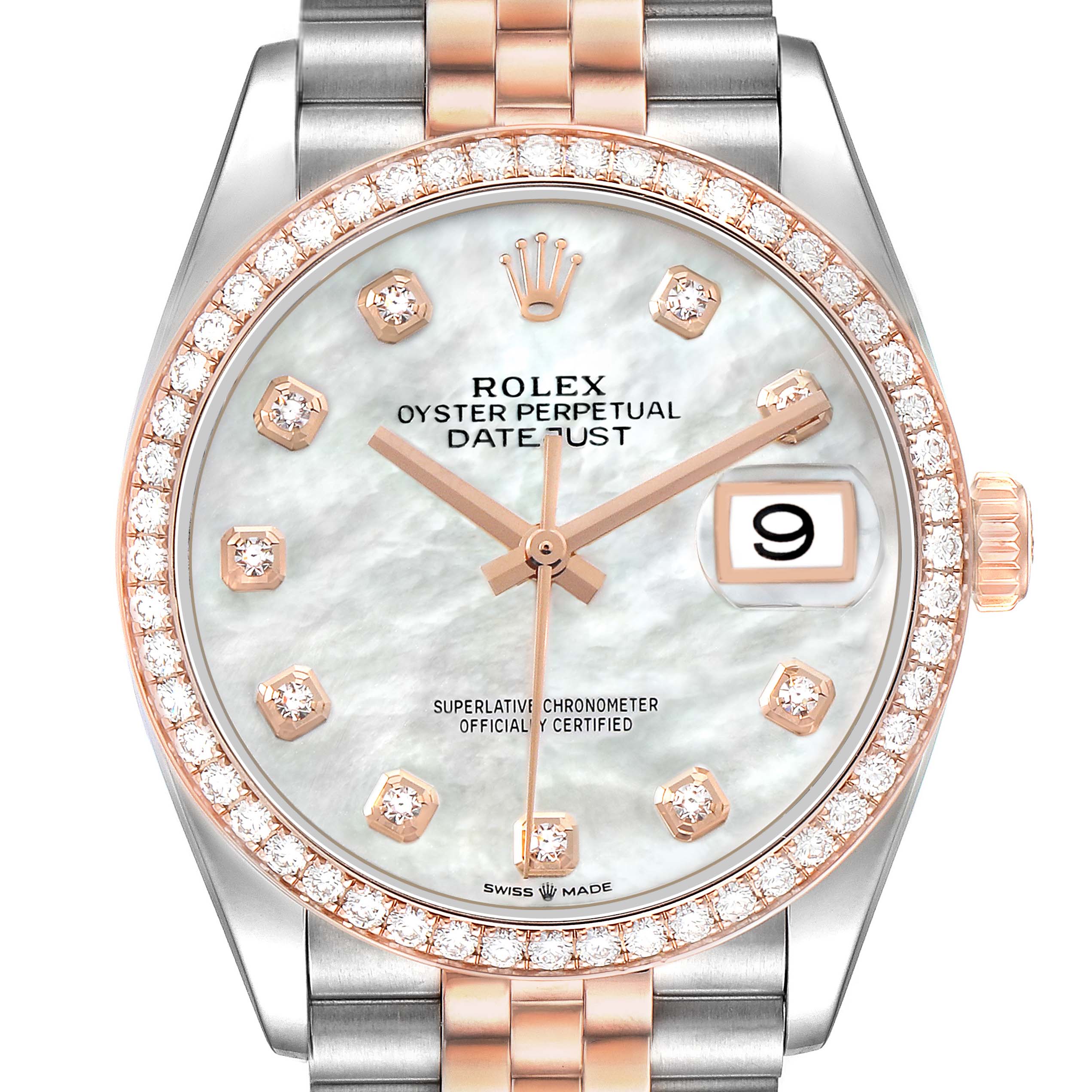 The watch, a Rolex Datejust 126281RBR Men's Stainless Steel Mother of Pearl Dial, is shown from a front view featuring its face, dial, bracelet, and diamond bezel.