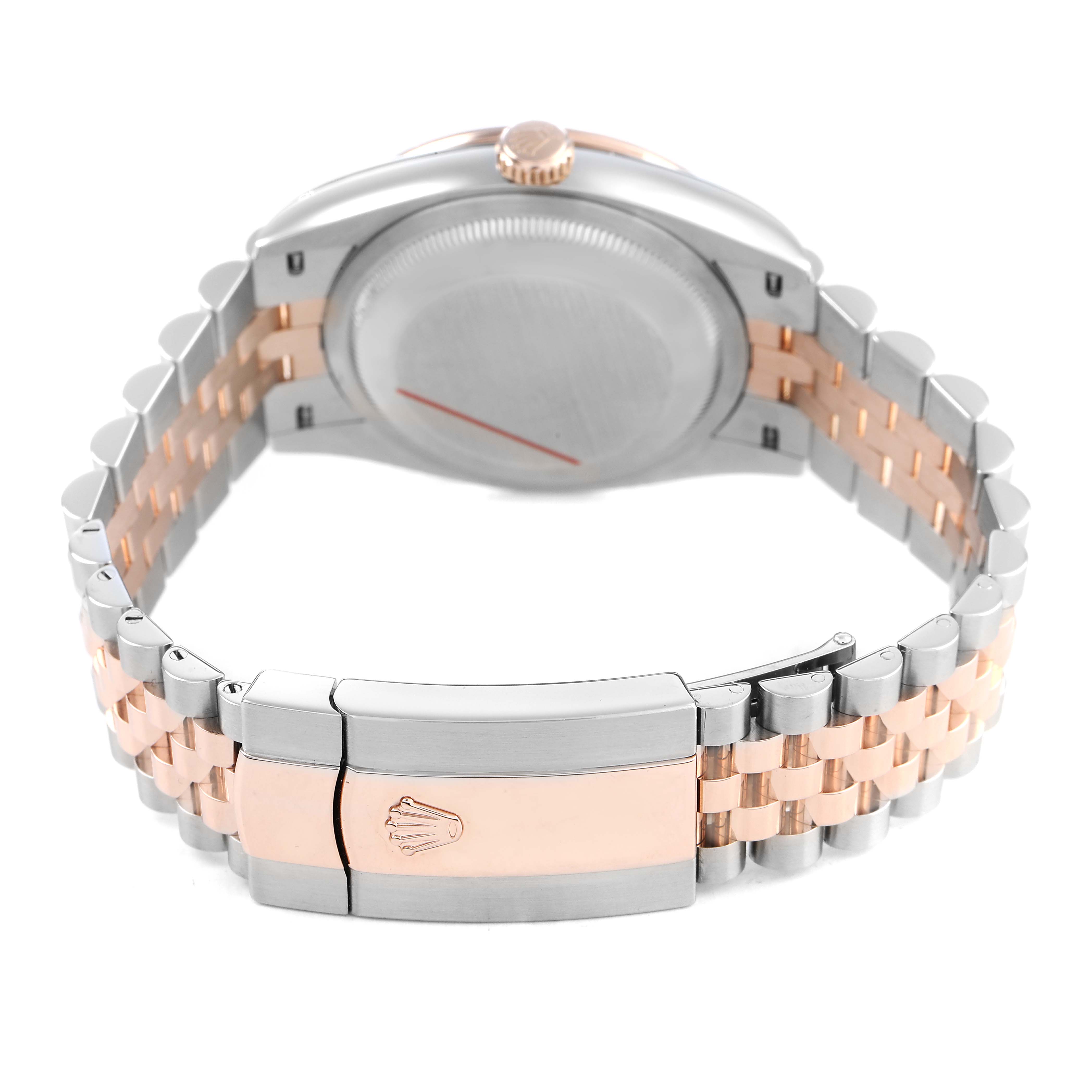 The image shows the back and clasp of a Rolex Datejust 126281RBR Men's Stainless Steel Mother of Pearl Dial, focusing on the bracelet's two-tone design and clasp crown logo.