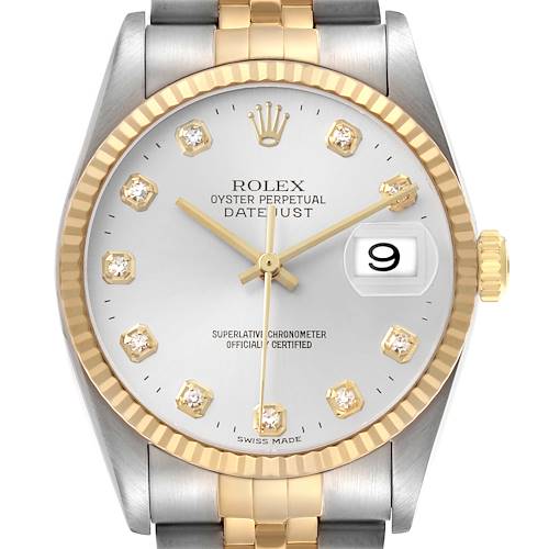 The Rolex Datejust 16233 Men's Steel and Gold (two tone) Silver Dial watch is shown from the front, highlighting the dial, bezel, crown, and part of the bracelet.