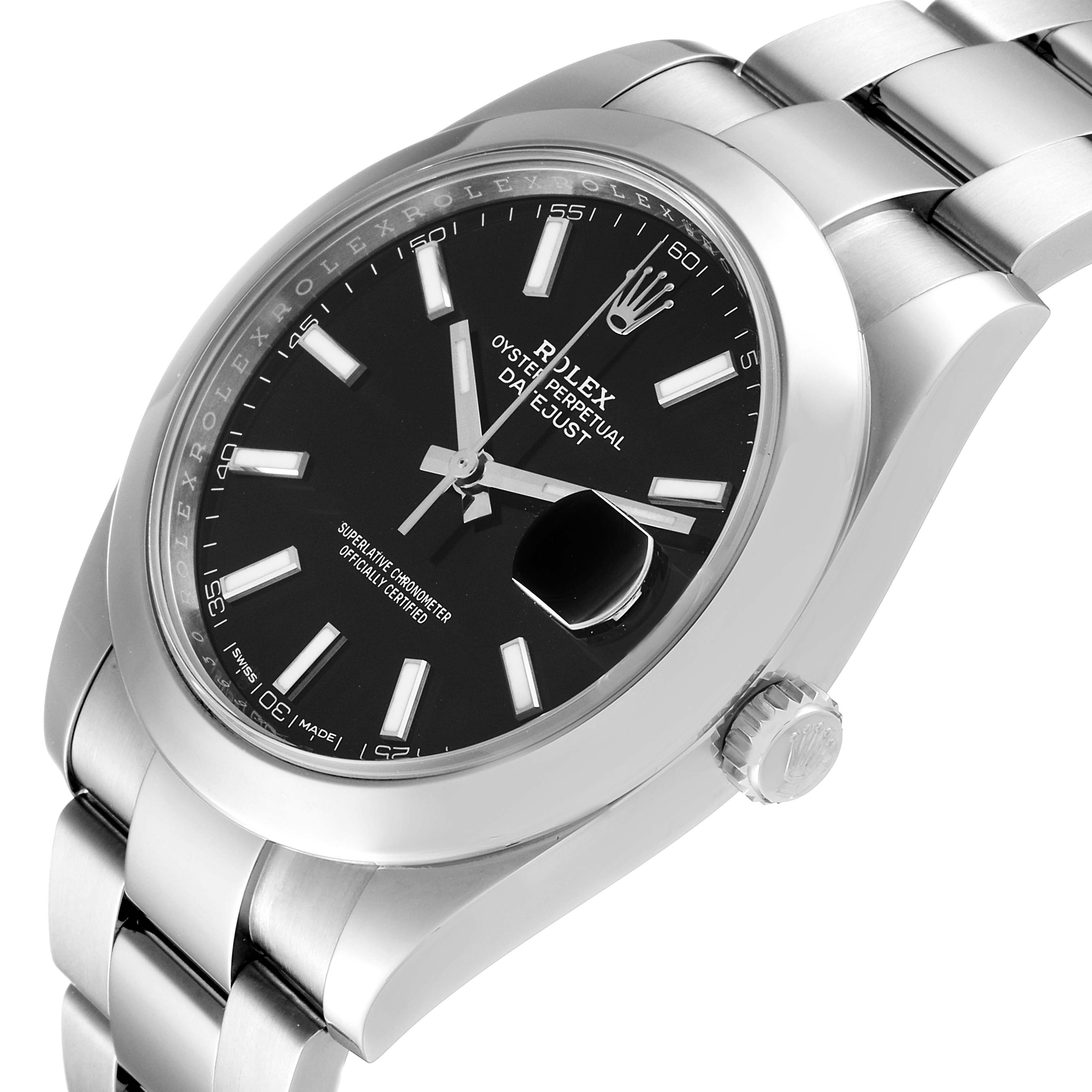 The image shows a close-up of the Rolex Datejust 41 126300 Men
s Stainless Steel Black Dial 126300 Men
s Stainless Steel Black Dial model from an angled top-down perspective, highlighting the dial, bezel, and part of the bracelet.