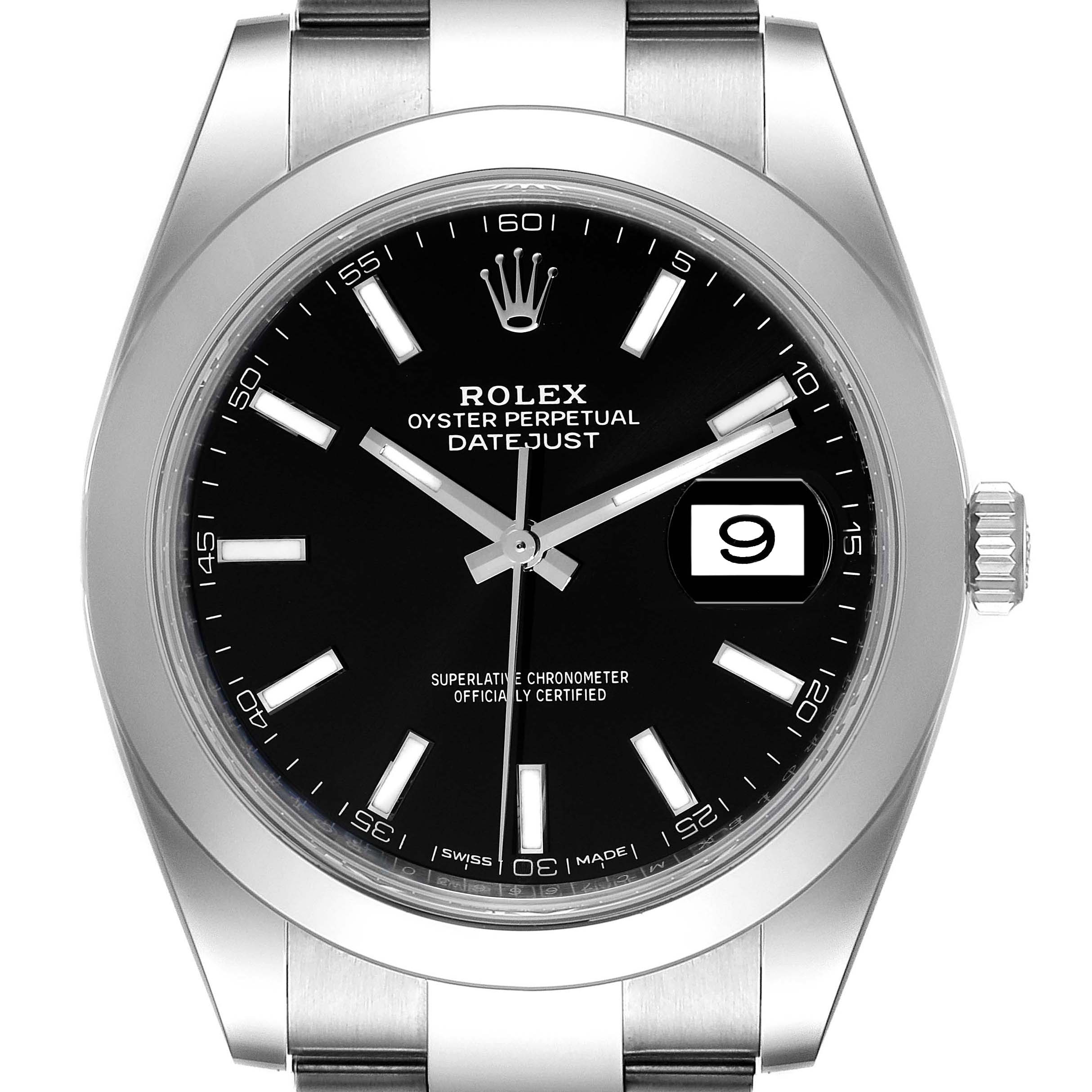 The image shows a front view of the Rolex Datejust 41 126300 Men
s Stainless Steel Black Dial 126300 Men
s Stainless Steel Black Dial, highlighting the dial, hands, bezel, and crown.