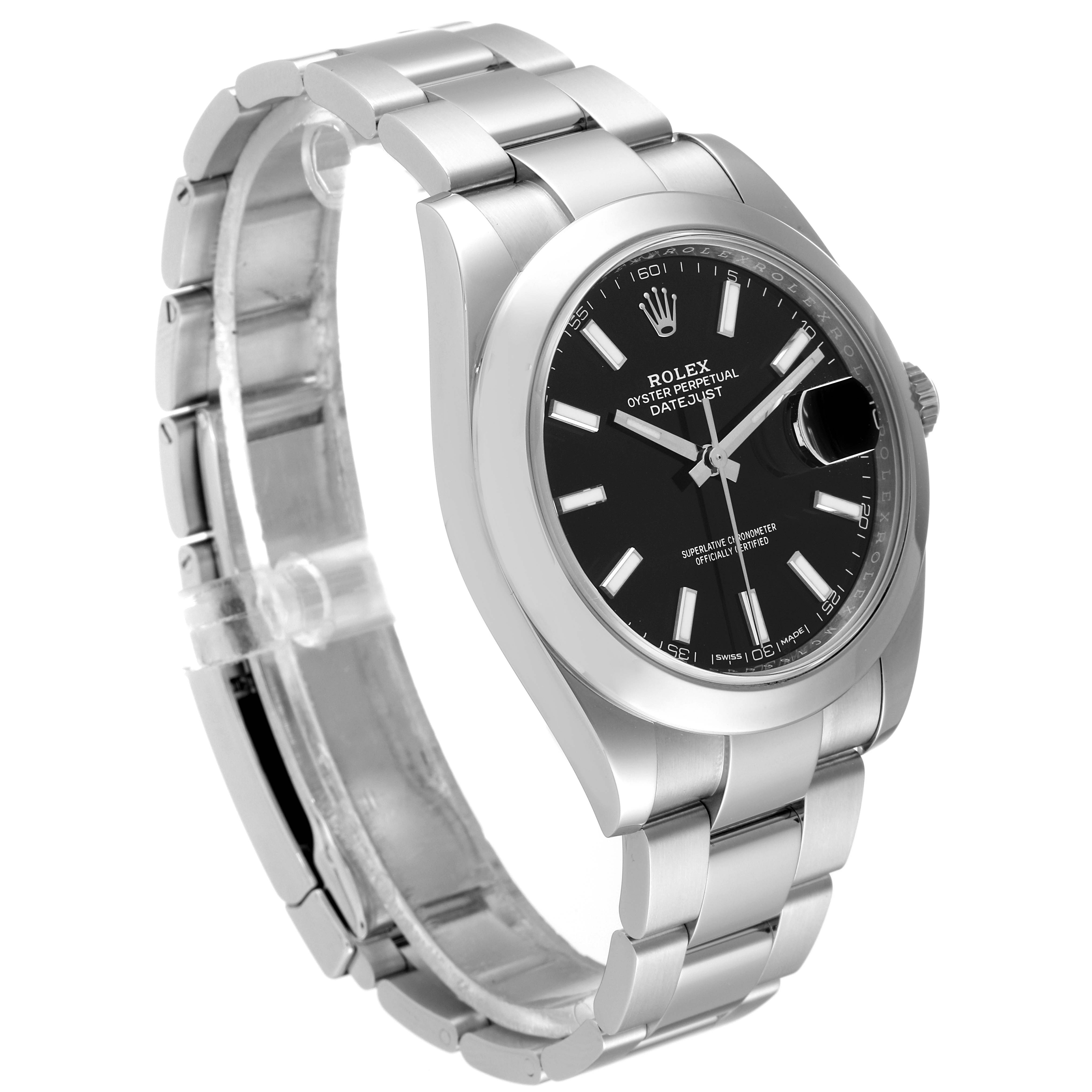 This image shows a Rolex Datejust 41 126300 Men
s Stainless Steel Black Dial 126300 Men
s Stainless Steel Black Dial watch at a 3/4 angle, highlighting its black dial, silver bracelet, and case.
