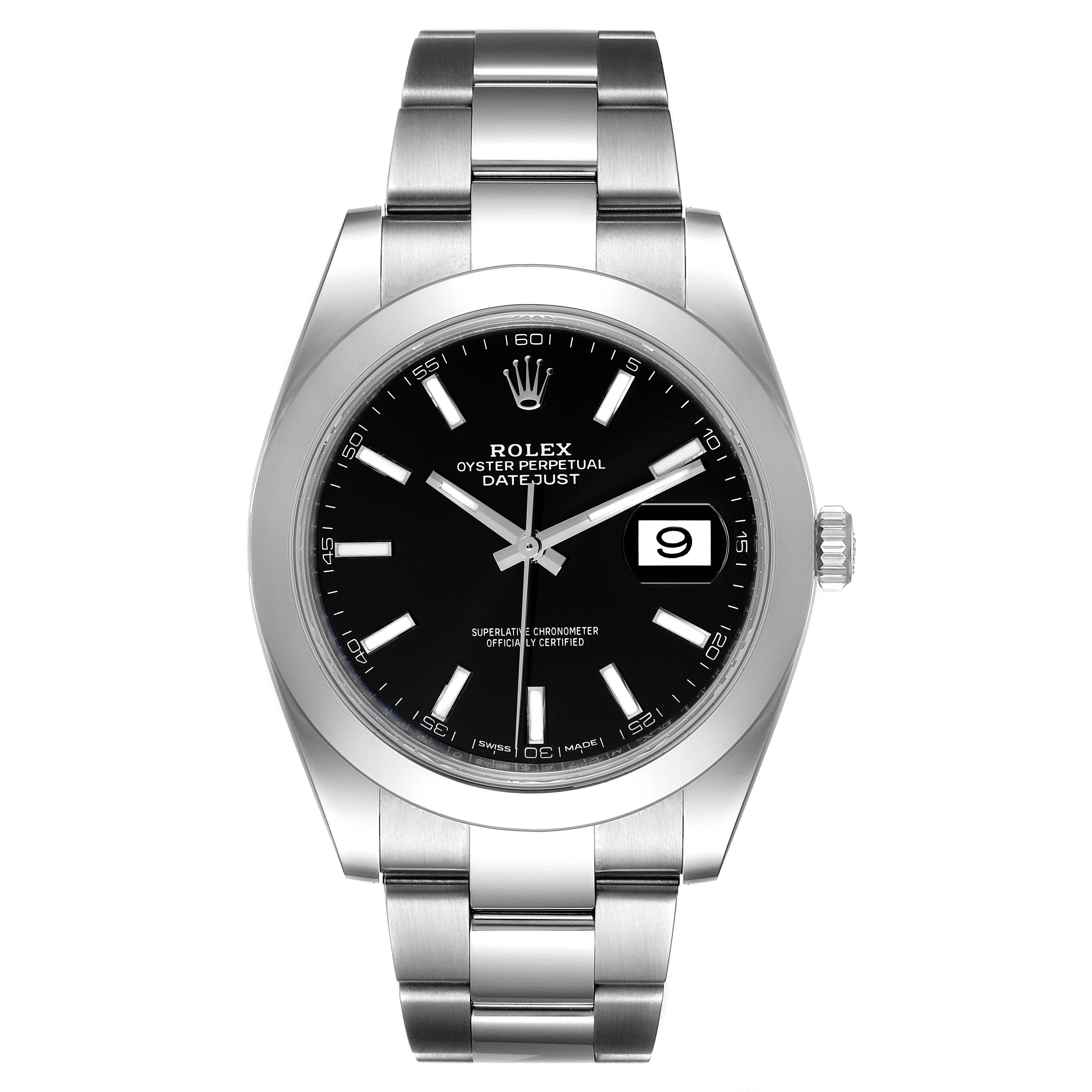 The image shows a front view of the Rolex Datejust 41 126300 Men
s Stainless Steel Black Dial 126300 Men
s Stainless Steel Black Dial model, highlighting its black dial, date window, and stainless steel bracelet.