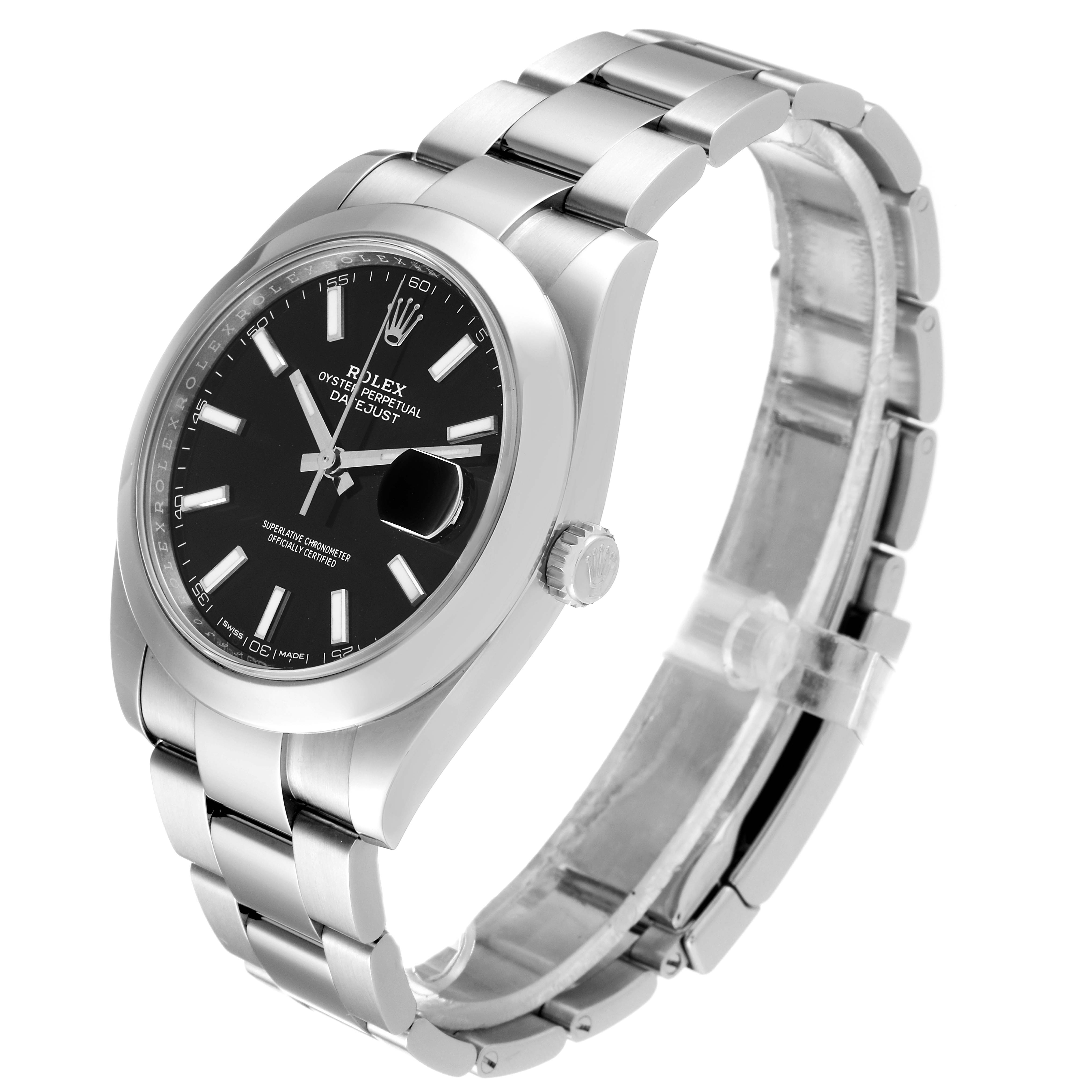 The image shows a side view of the Rolex Datejust 41 126300 Men
s Stainless Steel Black Dial 126300 Men
s Stainless Steel Black Dial displaying the face, crown, and bracelet.