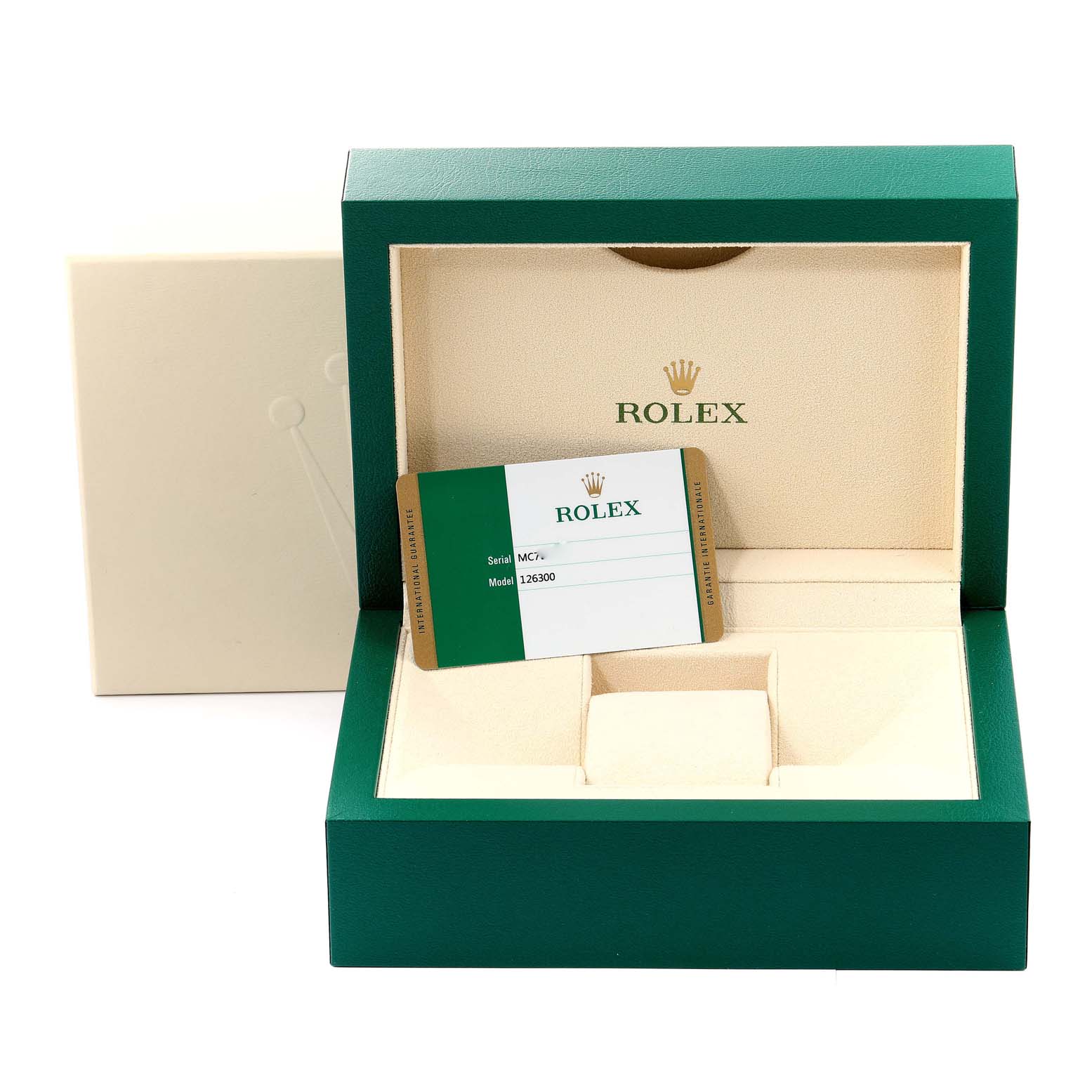 This image shows the open box and warranty card of a Rolex Datejust 41 126300 Men
s Stainless Steel Black Dial 126300 Men
s Stainless Steel Black Dial model.