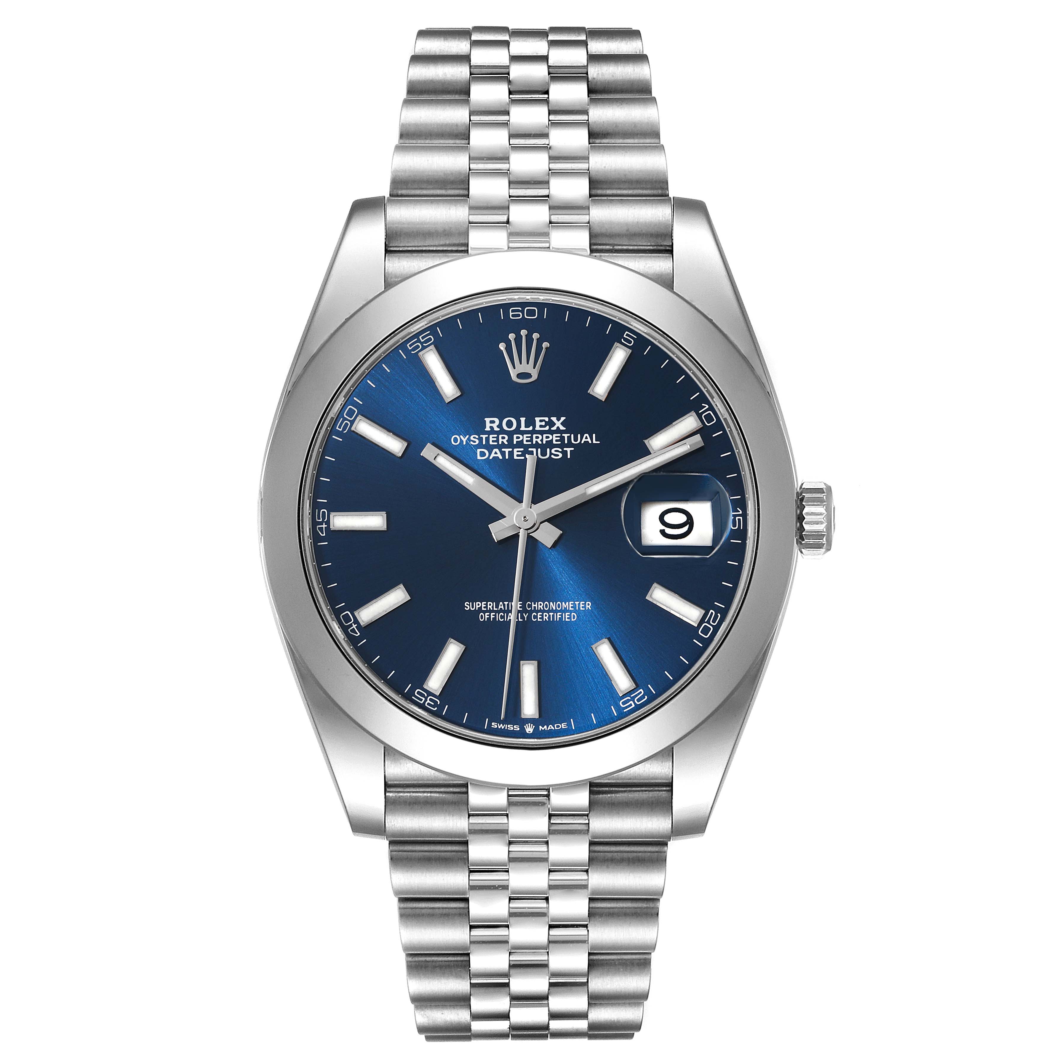 The image shows the Rolex Datejust 41 126300 Men's Stainless Steel Blue Dial 126300 Men's Stainless Steel Blue Dial watch from a front angle, displaying its blue dial, date window, and Jubilee bracelet.