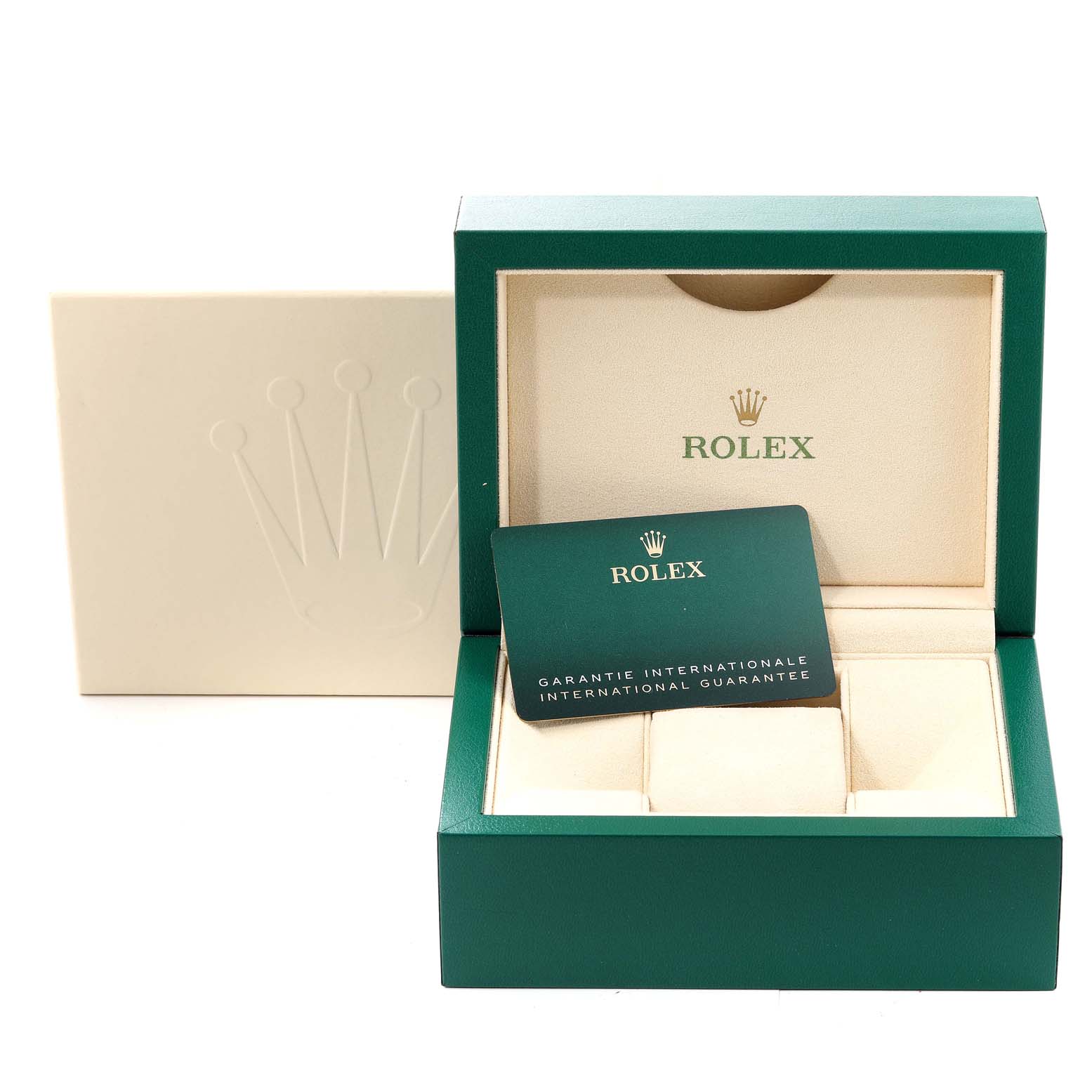 The image shows an open Rolex Datejust 41 126300 Men's Stainless Steel Blue Dial 126300 Men's Stainless Steel Blue Dial watch box, including an international guarantee card.