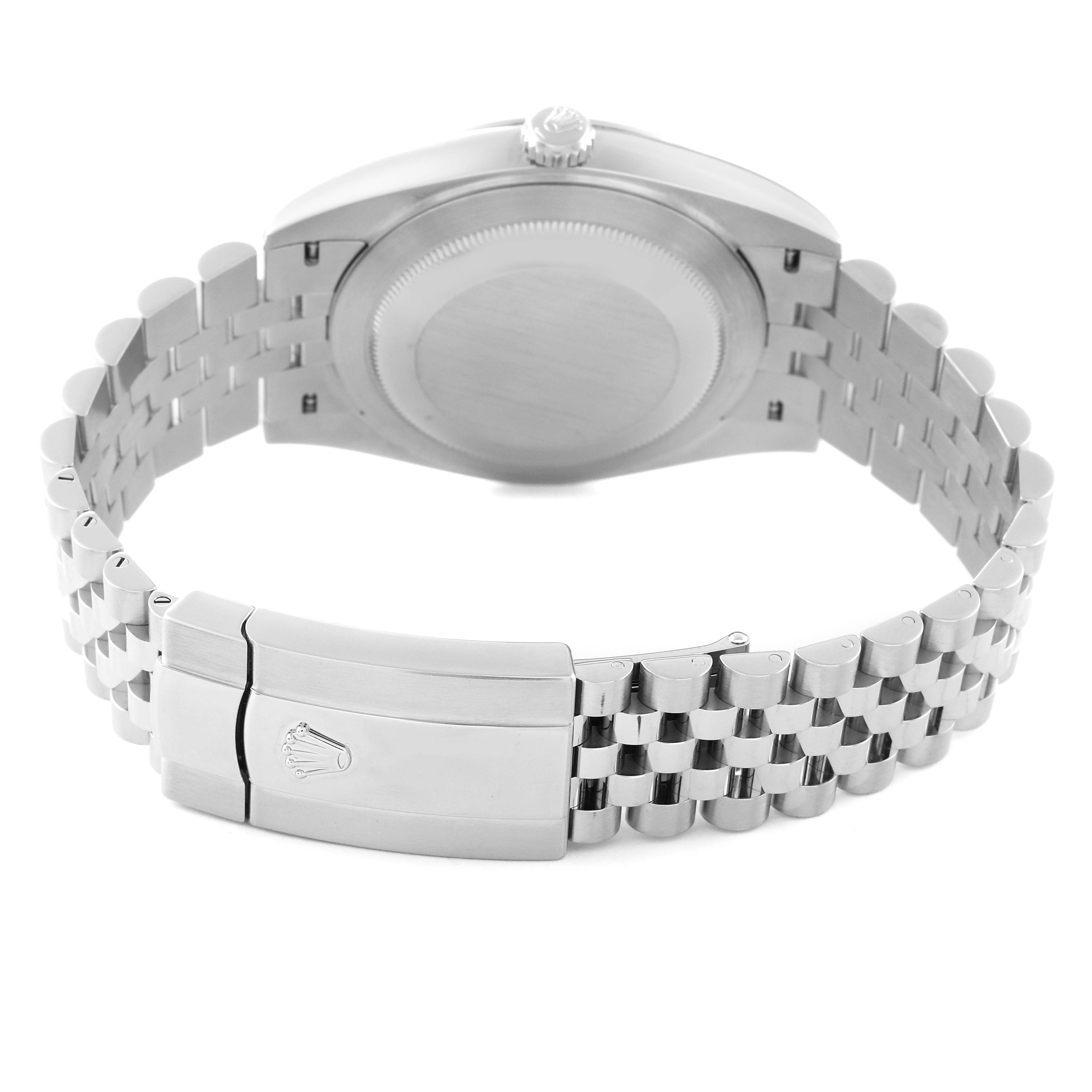 This image shows the backside and clasp (Oysterlock) of a Rolex Datejust 41 126300 Men's Stainless Steel Blue Dial 126300 Men's Stainless Steel Blue Dial watch in a folded position.